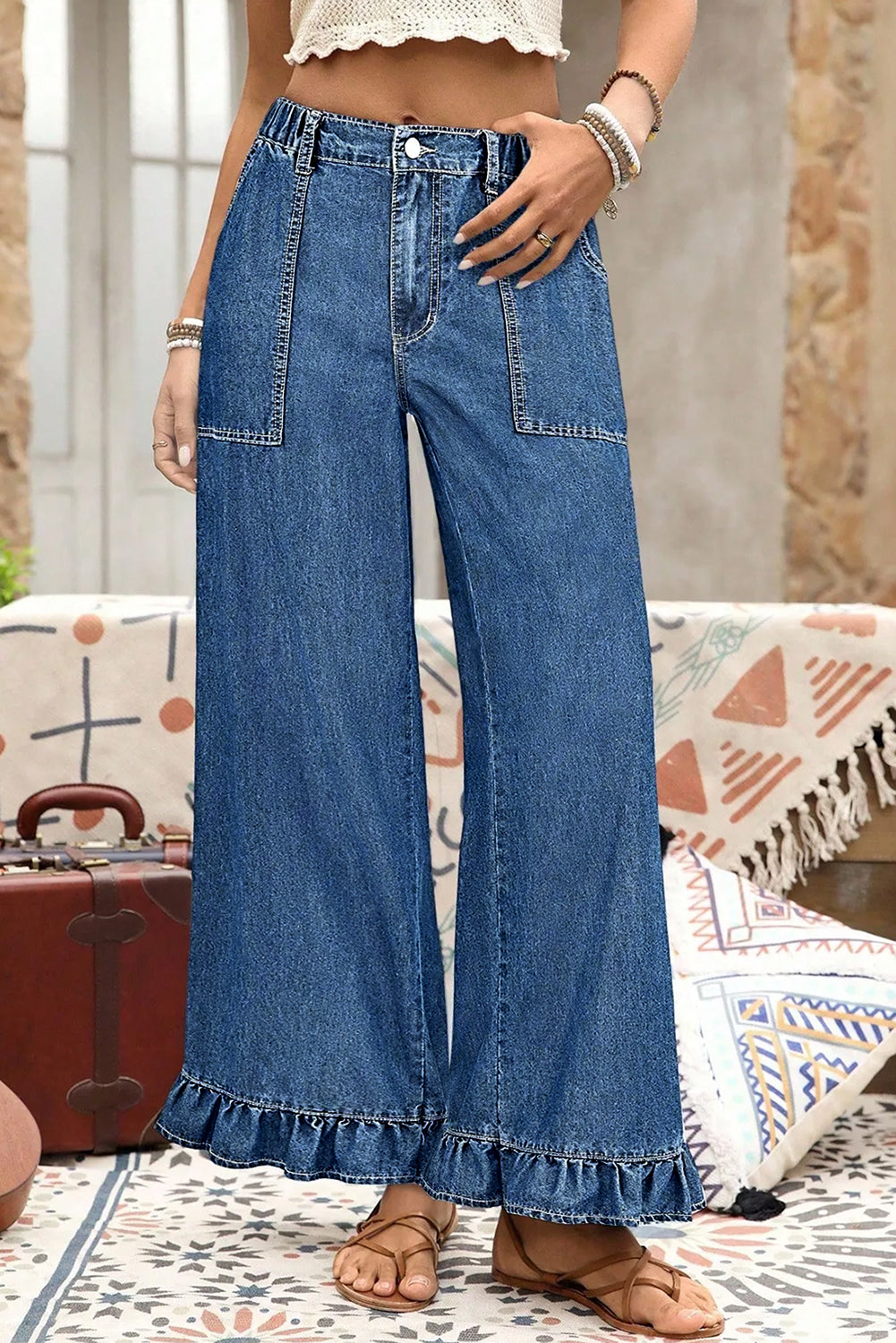 Plus Size Elastic Waist Ruffled Wide Leg Denim Pants