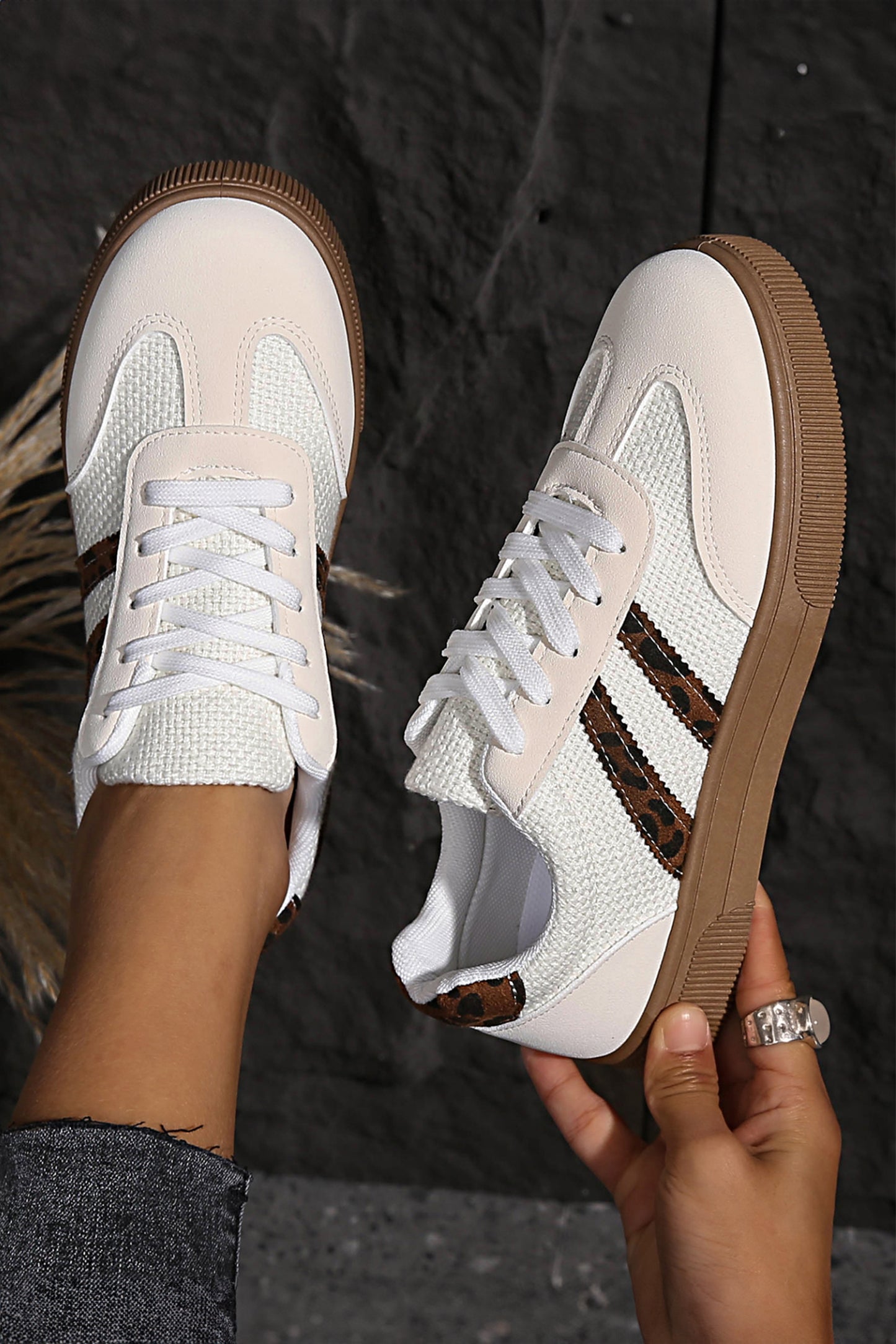 White Textured Woven Faux Leather Leopard Patchwork Flat Sneakers
