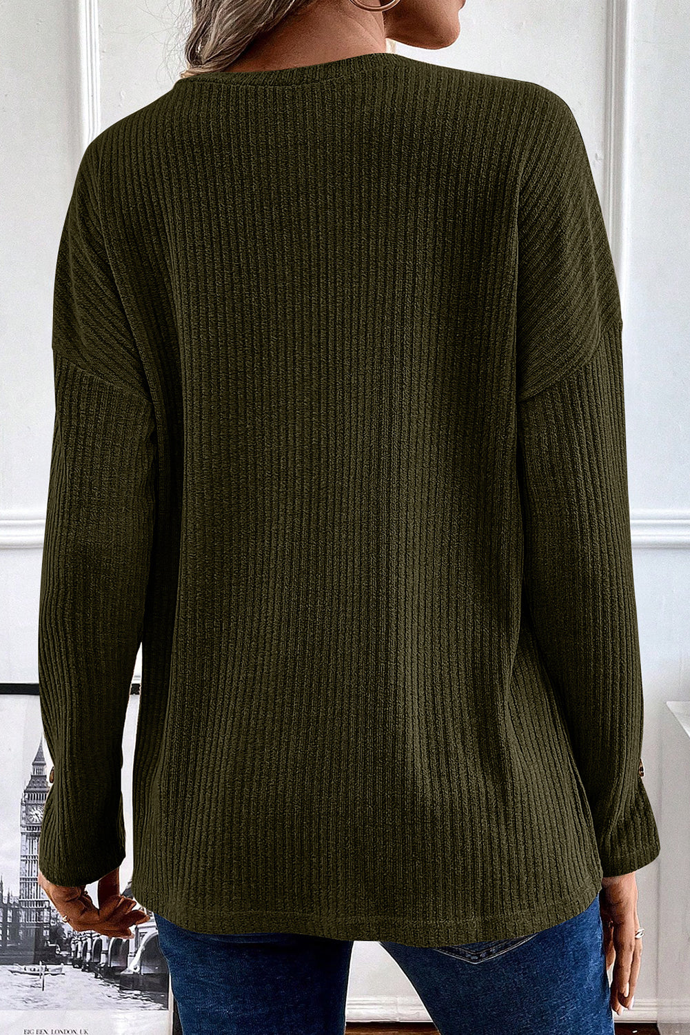Rib-Textured Henley Knit Top