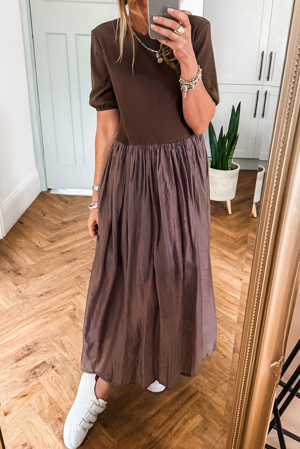 Short Sleeve Knit Top Patchwork Pleated Long Dress