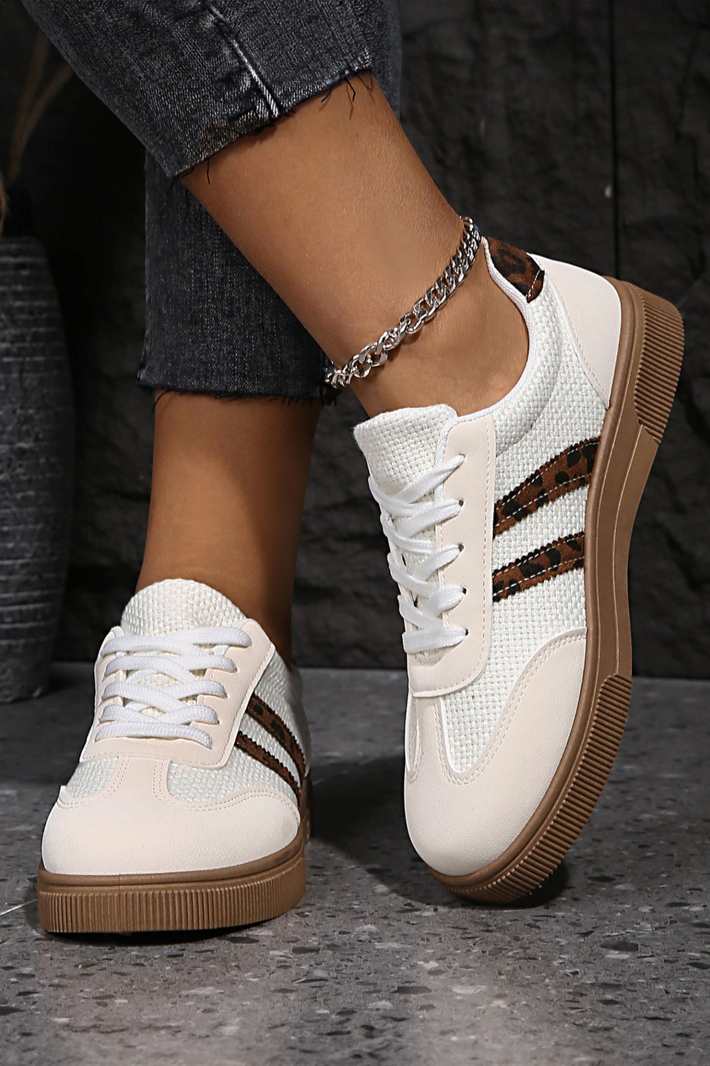 White Textured Woven Faux Leather Leopard Patchwork Flat Sneakers