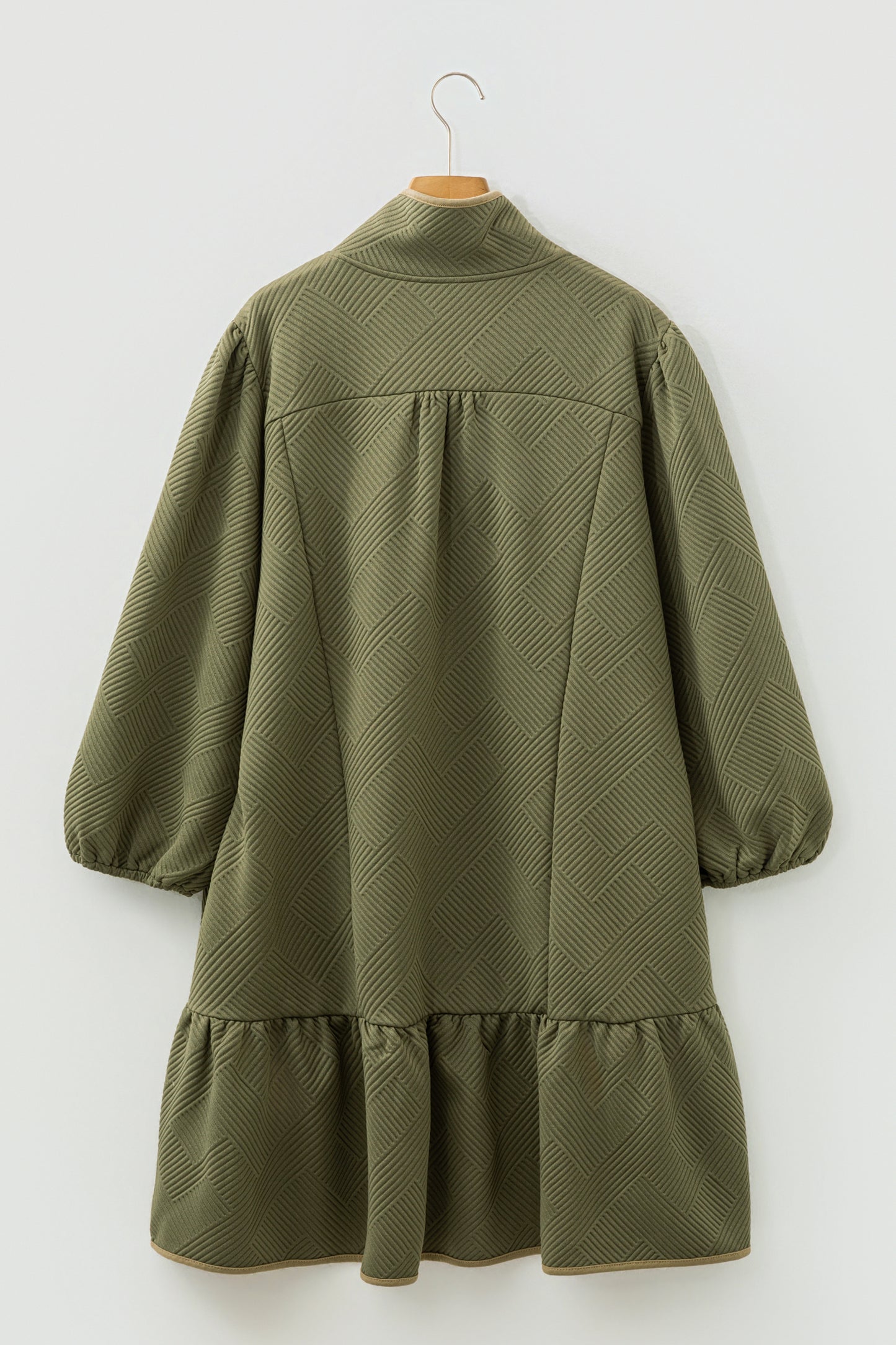 Jungle Green Textured Contrast Trim Quarter Zip Bracelet Sleeve Plus-Size Mini Dress
