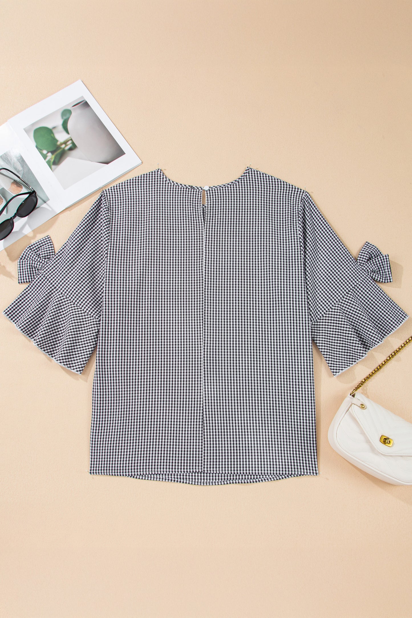 Black Plus-Size Plaid Bow Decor Bell Sleeve Round Neck Top