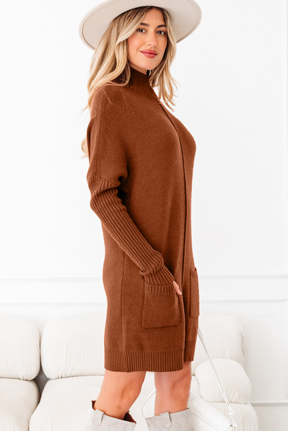 Ribbed High-Neck Front Pockets Center Seam Shift Sweater Dress