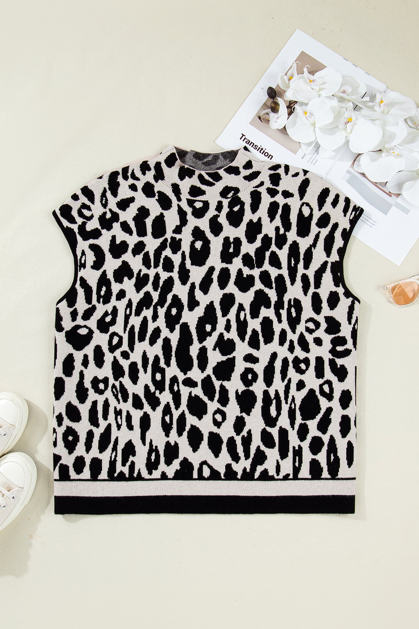 Leopard Print Plus-Size High Neck Short Sleeve Knit Top