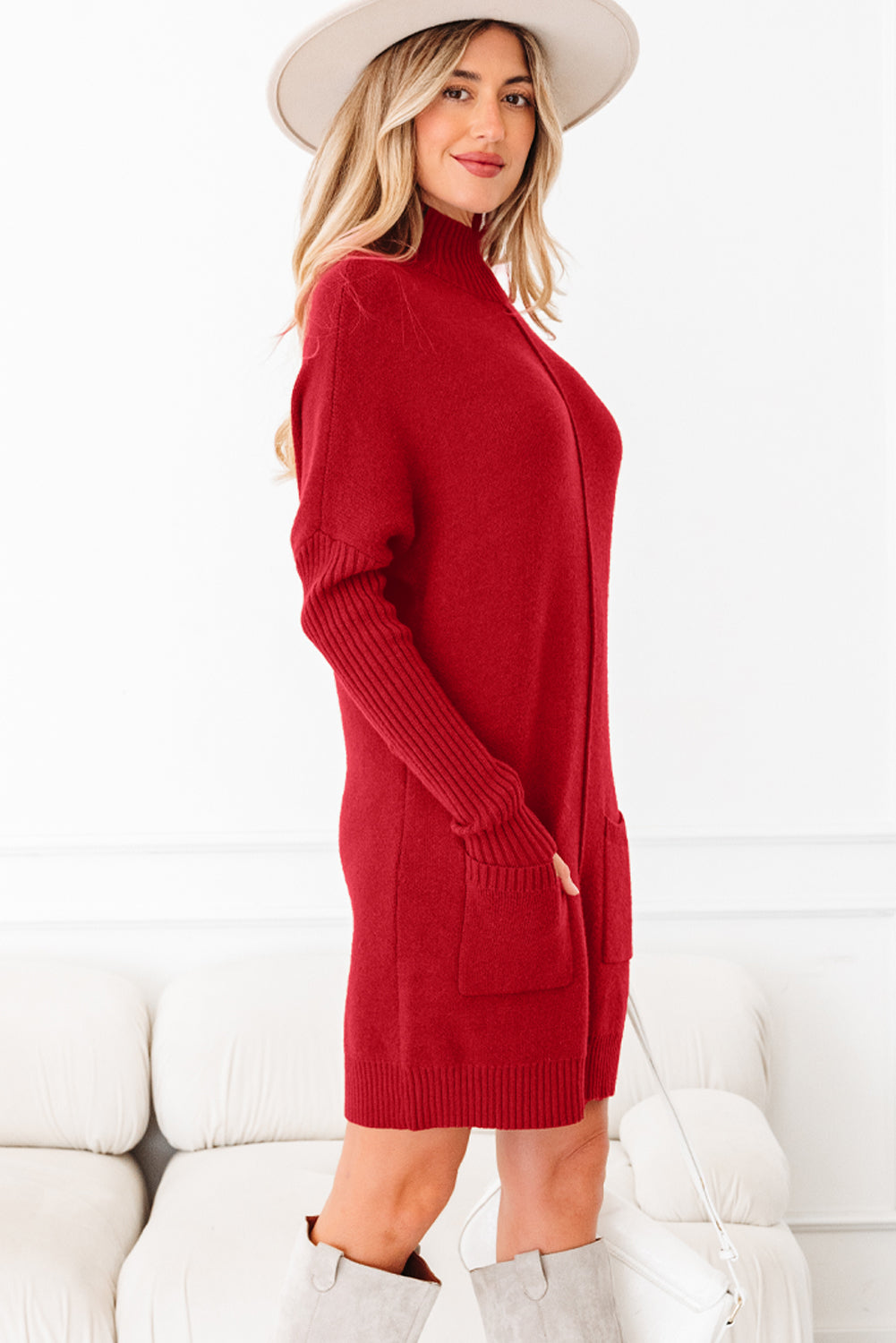 Ribbed High-Neck Front Pockets Center Seam Shift Sweater Dress