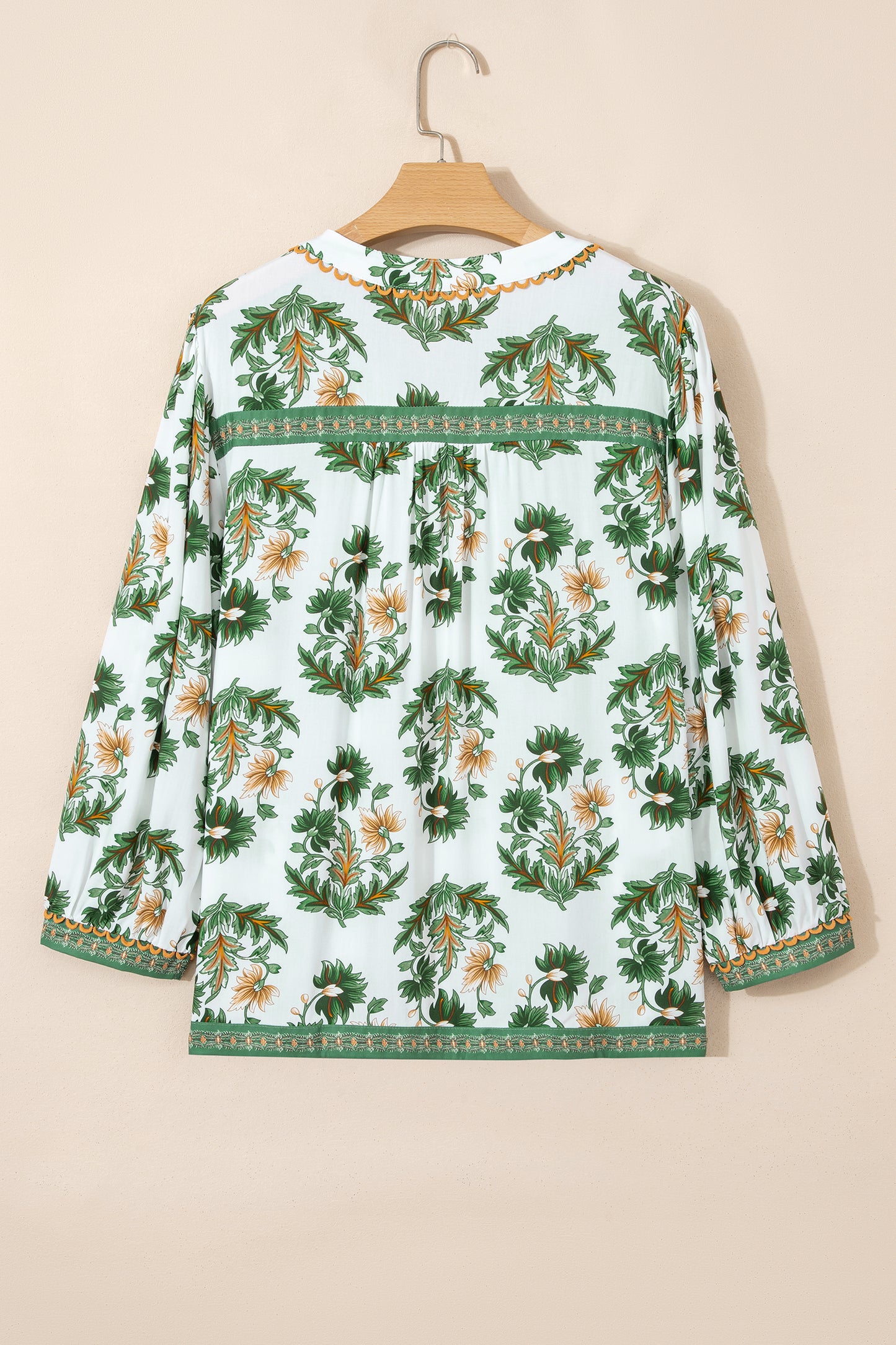 Green Plus-Size Floral Printed Contrast Patchwork Detail Tassel Tie 3/4 Sleeve Blouse
