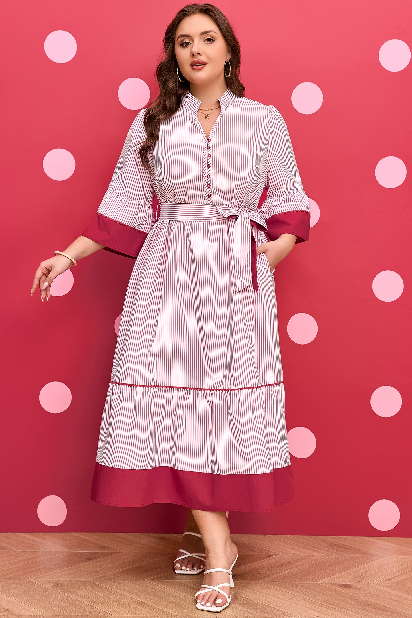 Red Stripe Plus-Size Ruffled Hem Pinstriped Midi Dress