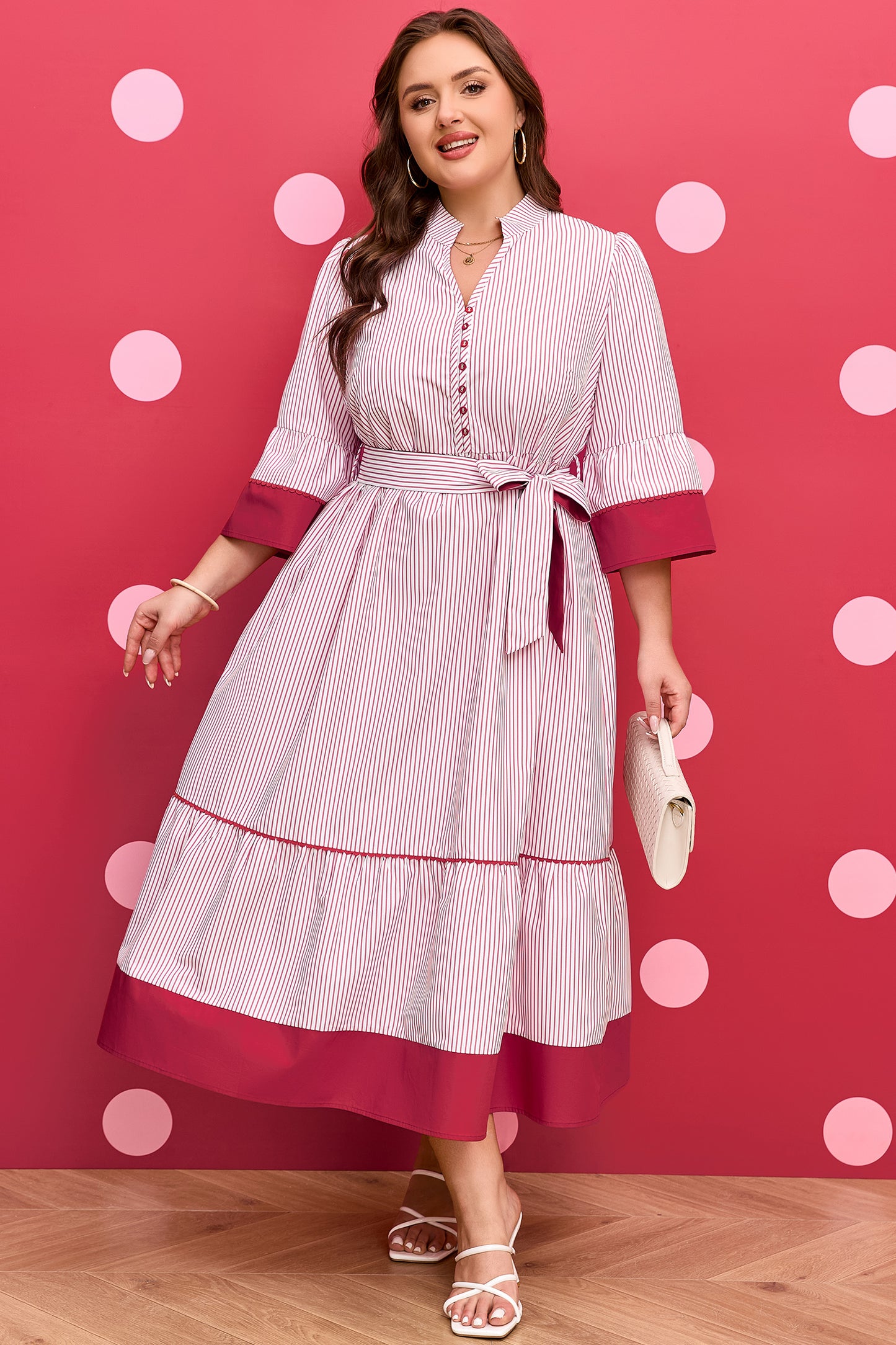Red Stripe Plus-Size Ruffled Hem Pinstriped Midi Dress