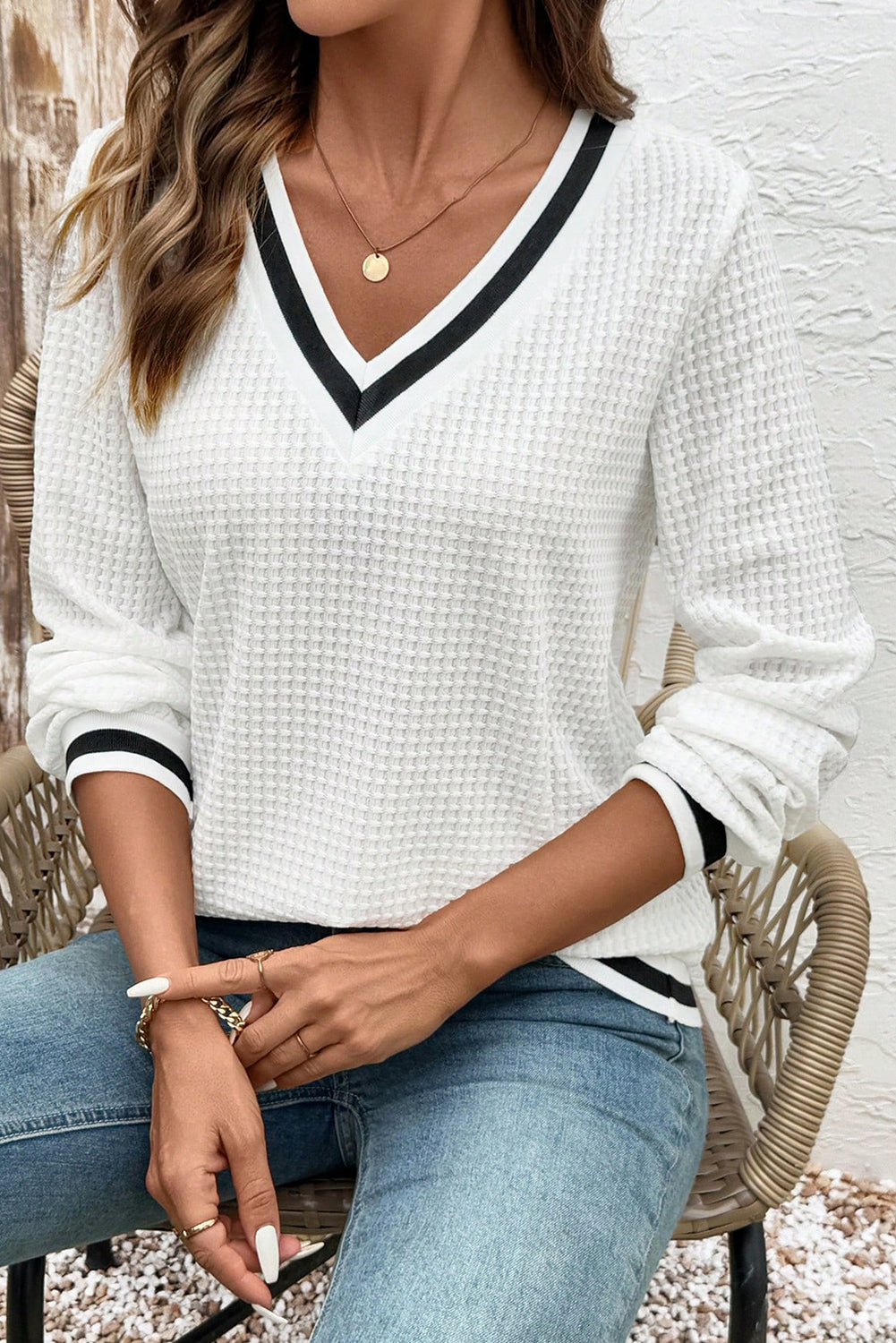 Textured Knit V-Neck Waffle Top