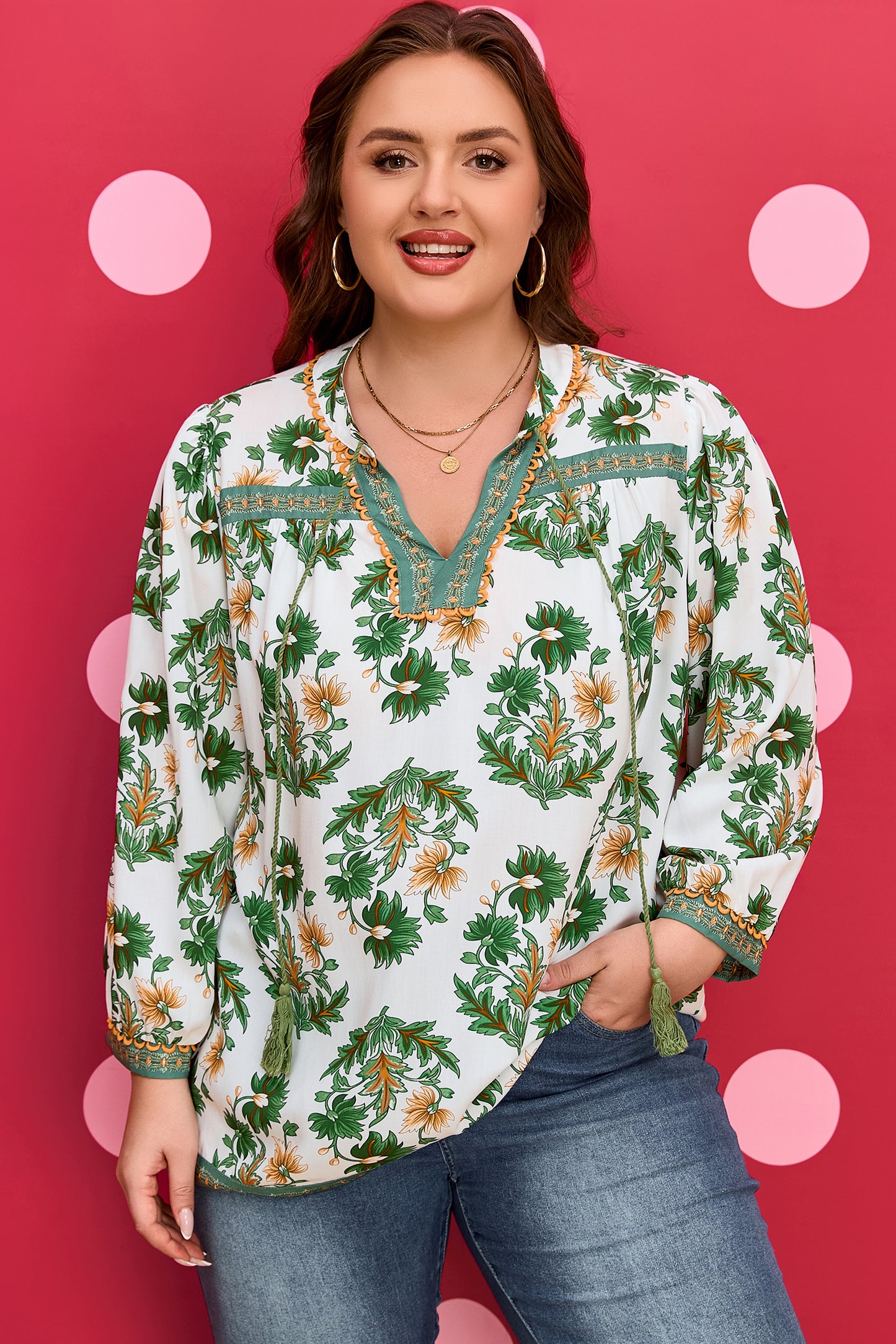 Green Plus-Size Floral Printed Contrast Patchwork Detail Tassel Tie 3/4 Sleeve Blouse