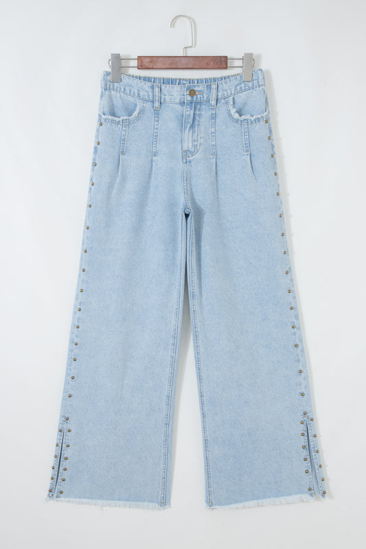 Studded Side-Slit Leg Frayed Pocketed Wide Leg Jeans