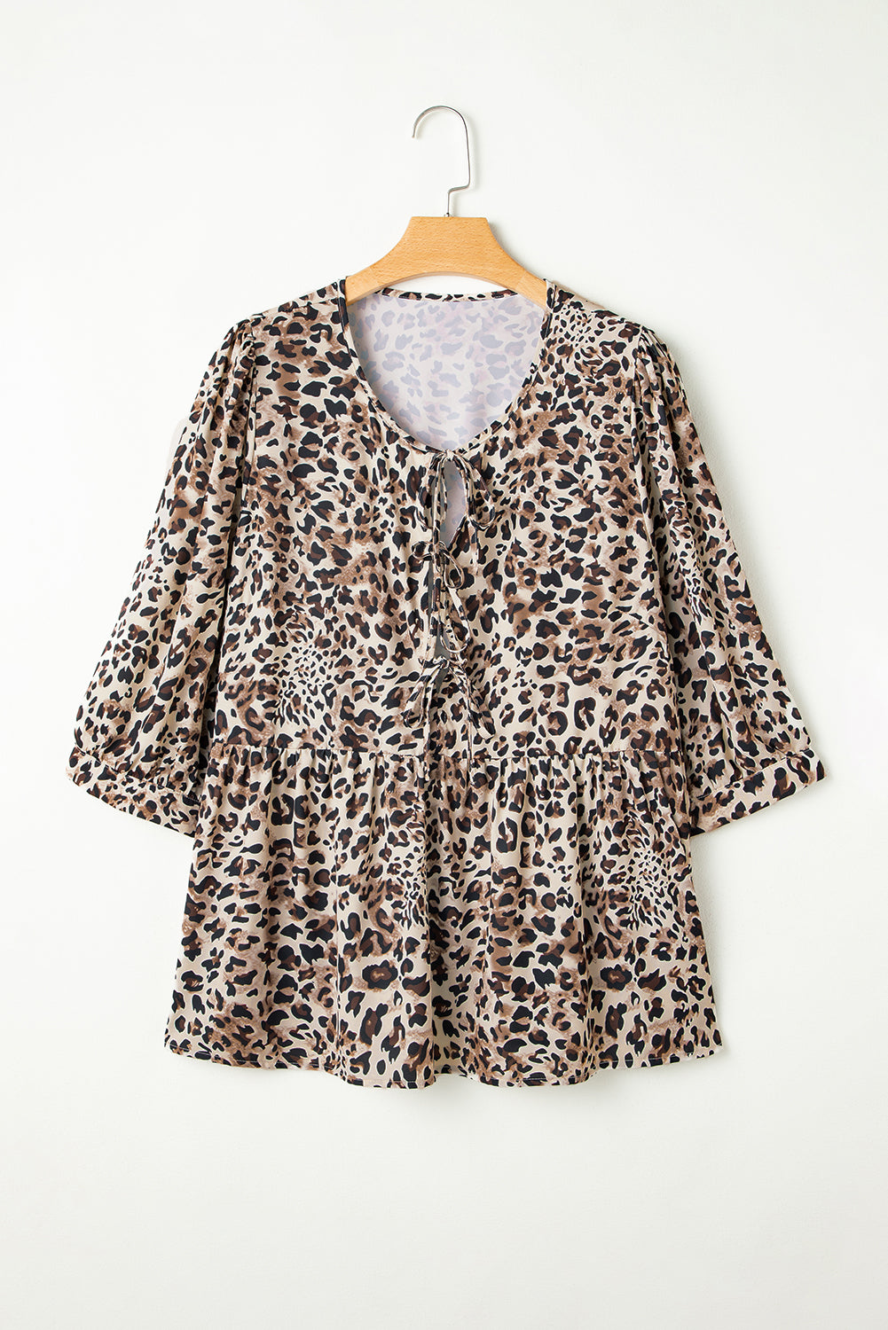 Khaki Leopard Print Lace-up Ruffled 3/4 Sleeve Plus-Size Blouse