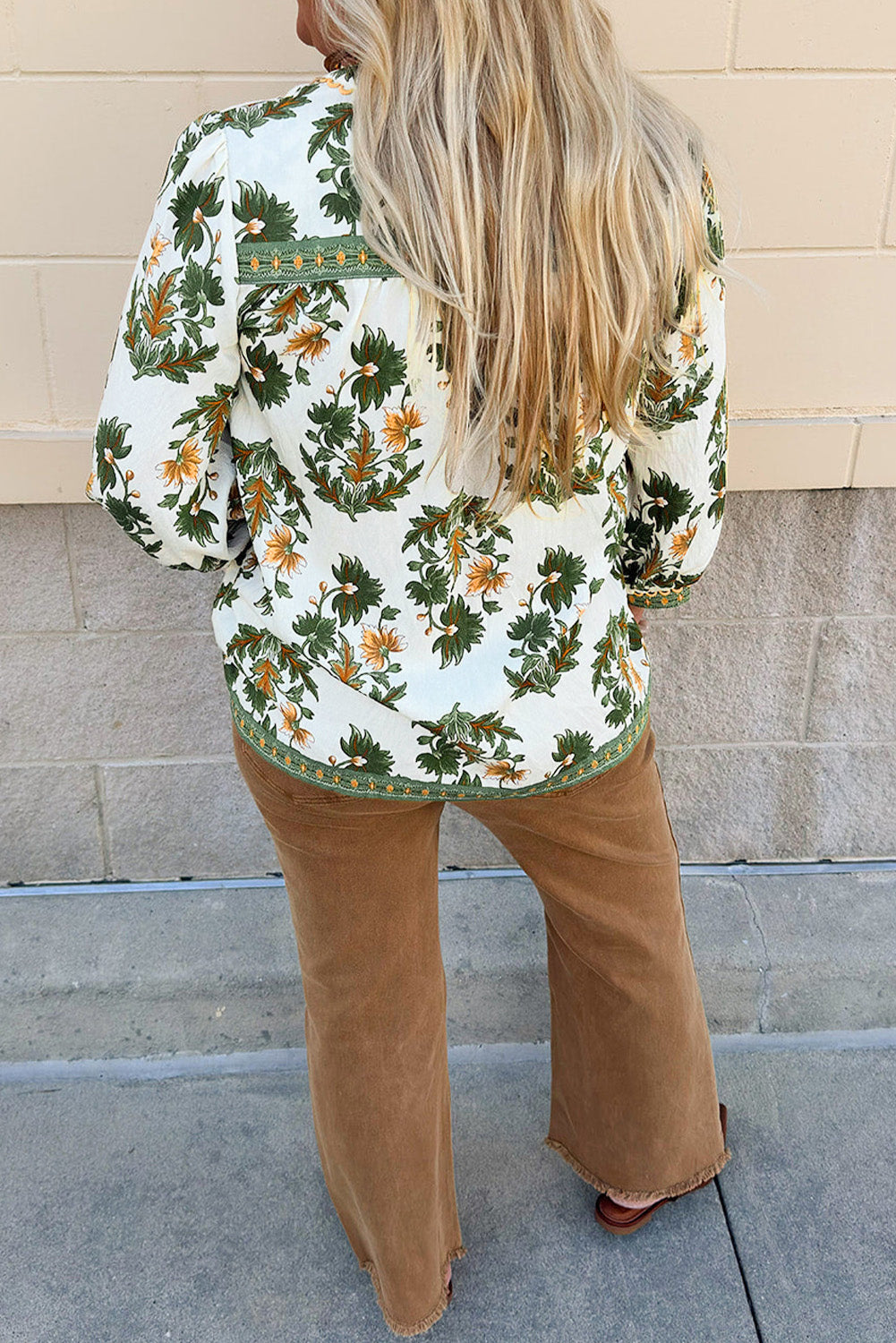 Green Plus-Size Floral Printed Contrast Patchwork Detail Tassel Tie 3/4 Sleeve Blouse