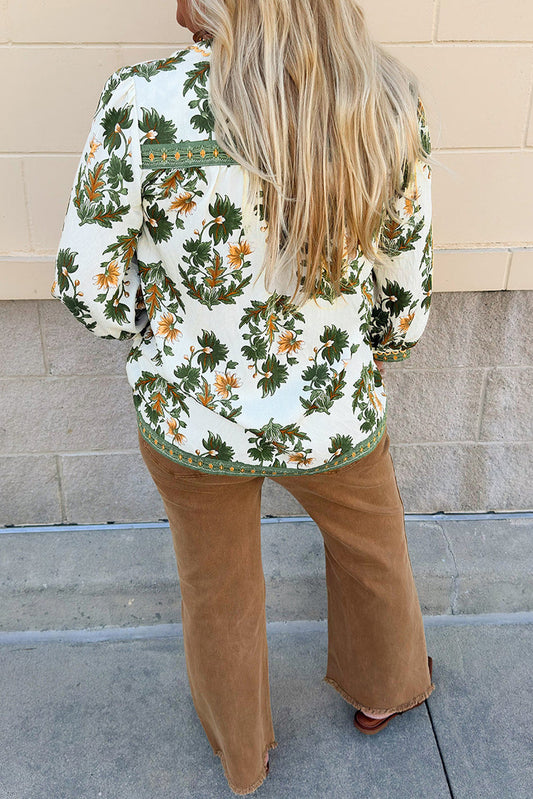 Green Plus-Size Floral Printed Contrast Patchwork Detail Tassel Tie 3/4 Sleeve Blouse