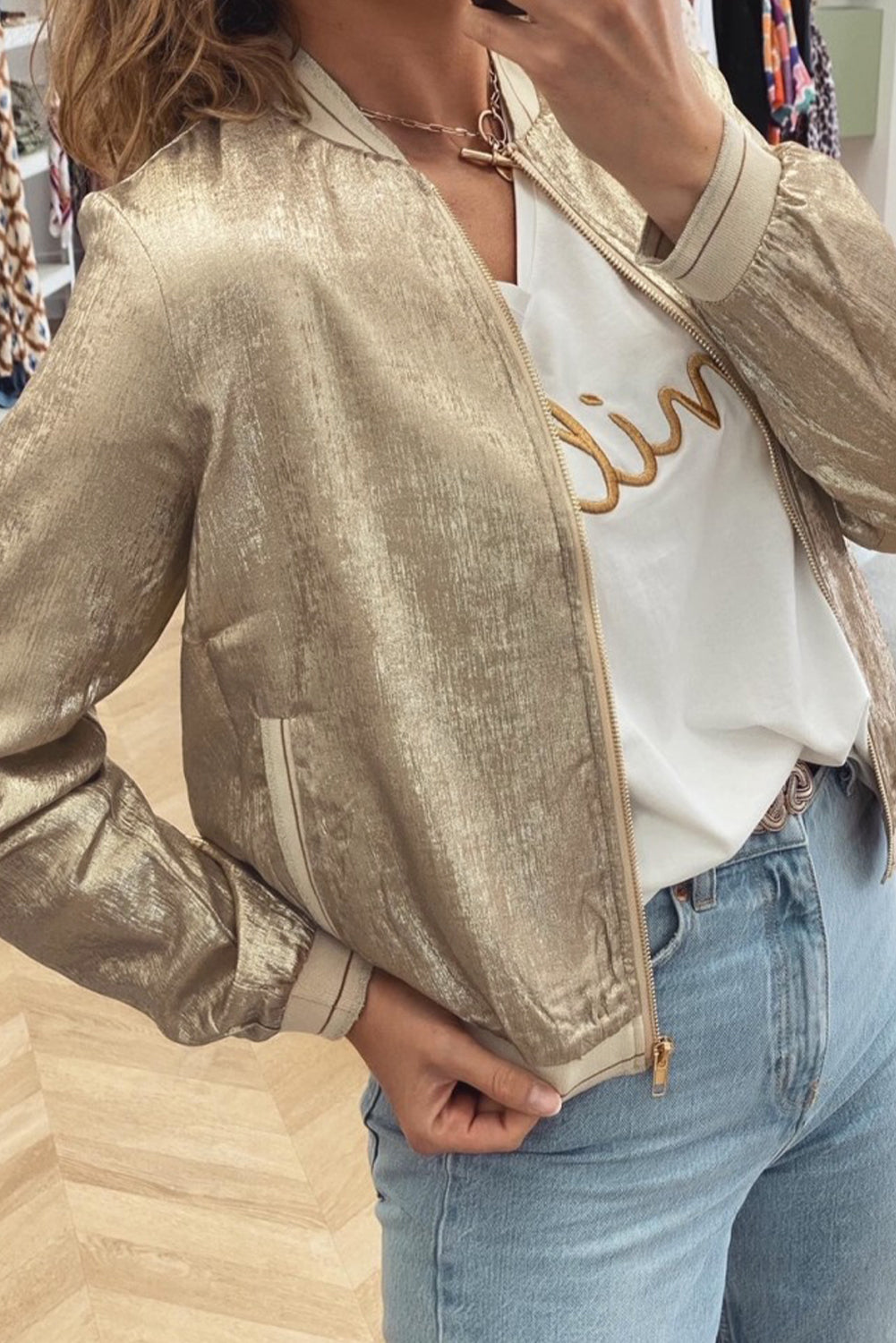 Pale Khaki Metallic Zip-up Baseball Jacket