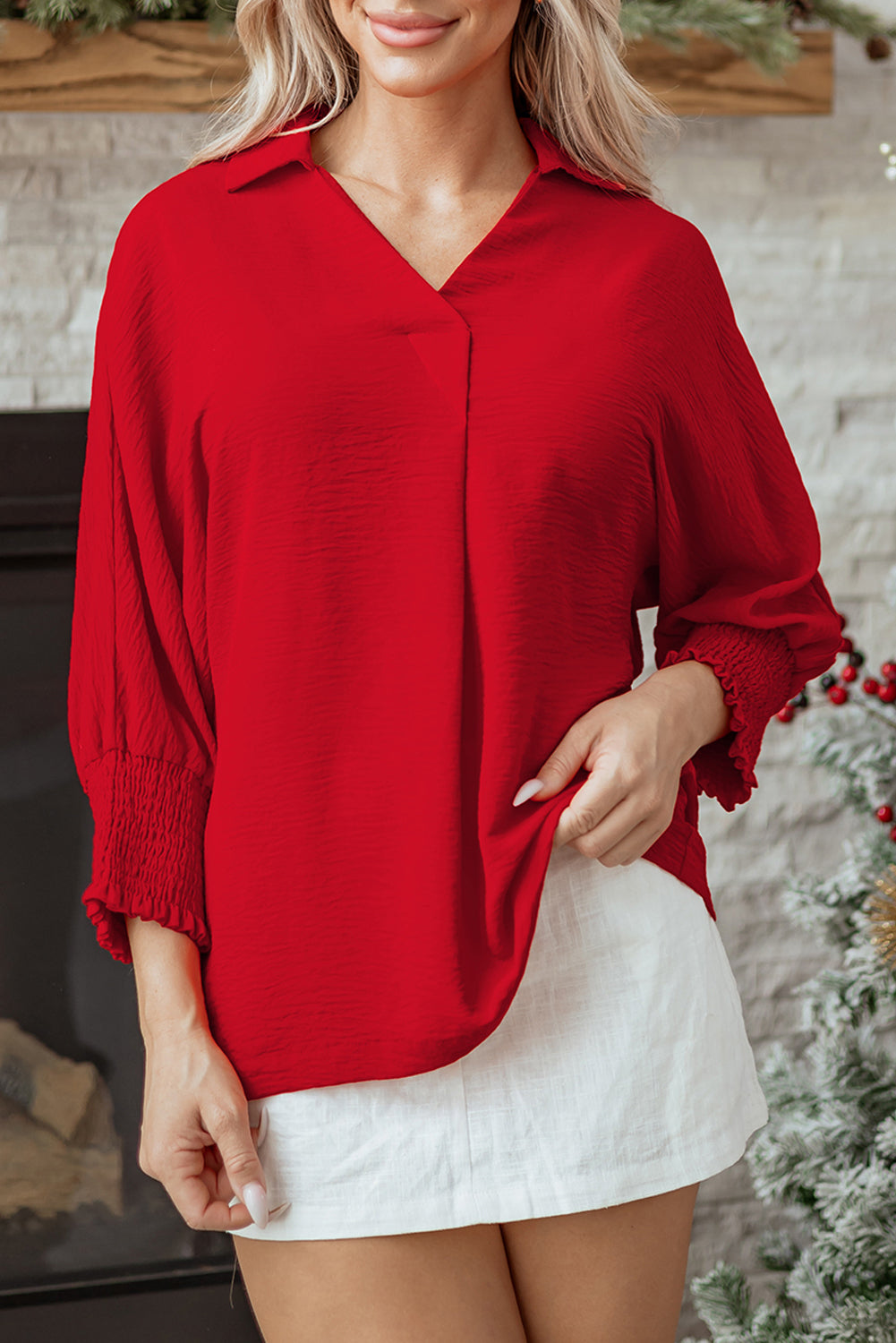 Fiery Red V-Neck Collared Shirred 3/4 Sleeve Oversized Tunic Top