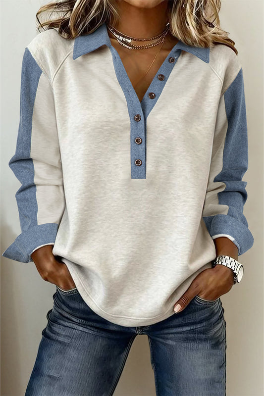 Light Grey Denim Patchwork Long Sleeve Top
