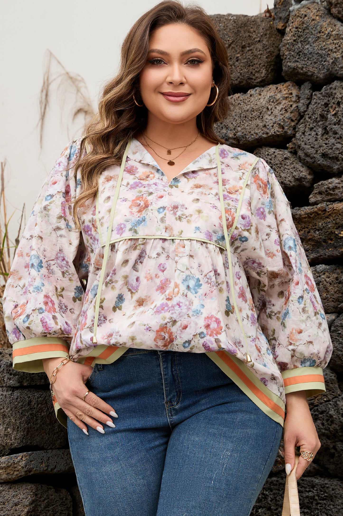 Floral Print Contrast Trim Striped Detail Babydoll Plus-Size Blouse