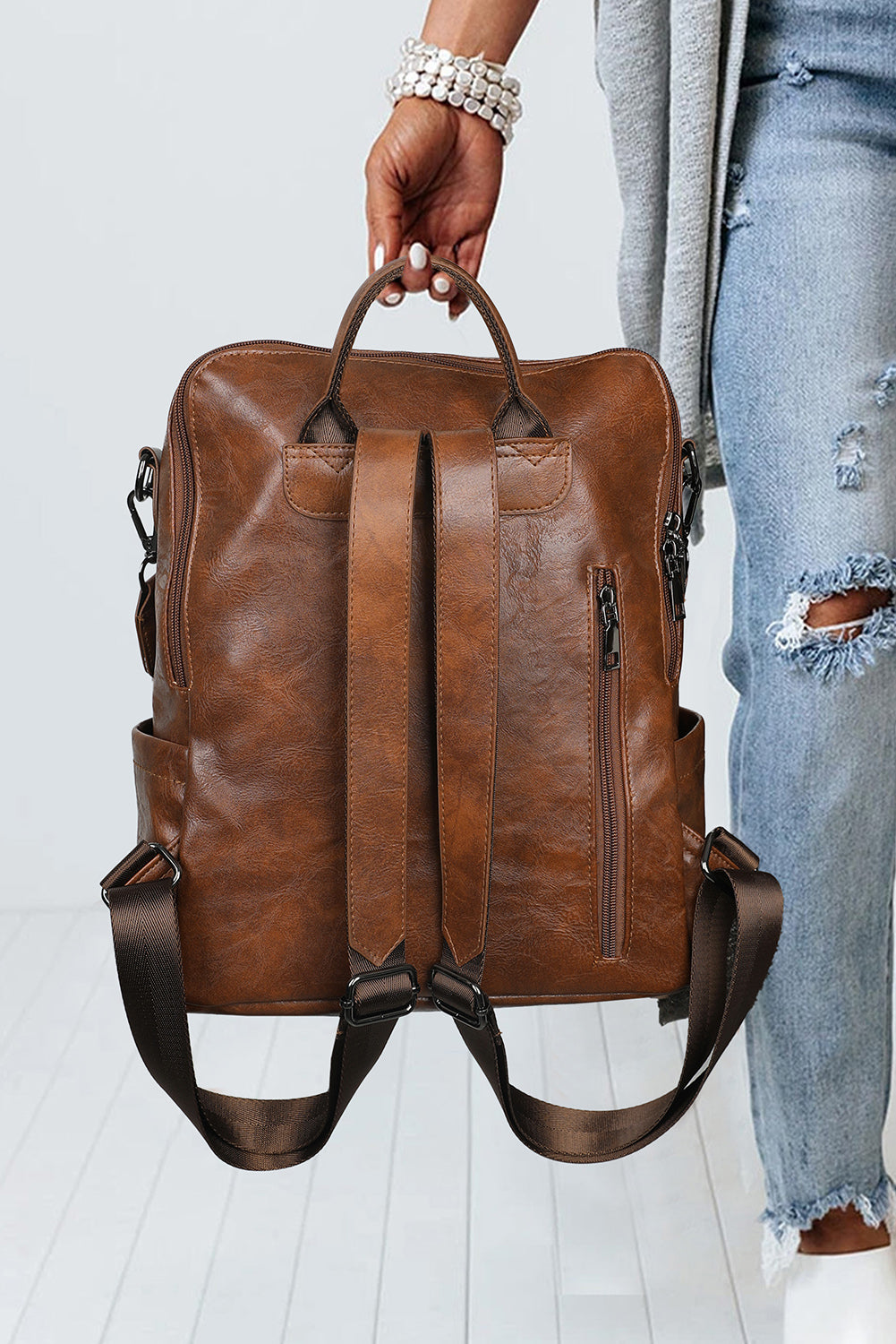 Dark Brown Tassel Decor Retro Faux Leather Backpack