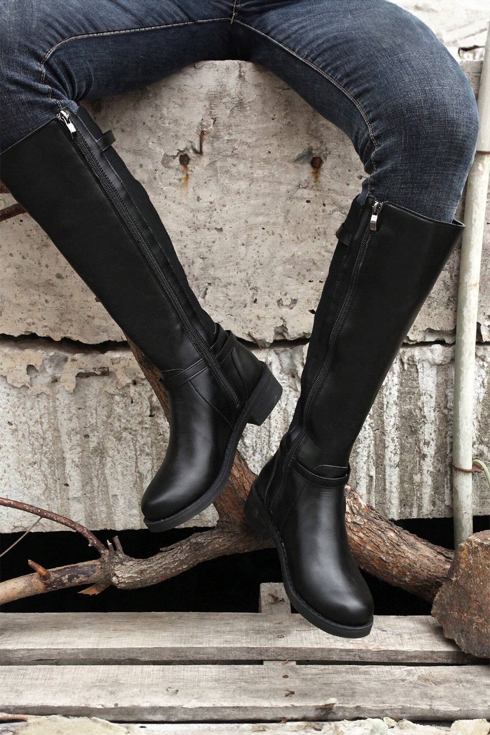 Black Side-Zipper Knee High Chunky Low Heel Boots
