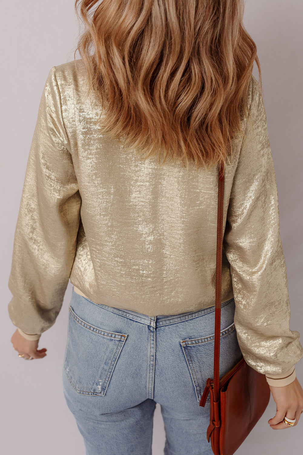 Pale Khaki Metallic Zip-up Baseball Jacket