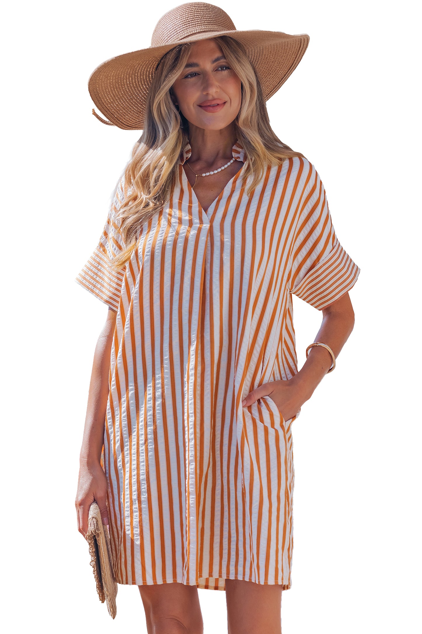 Striped Pinched V-Neck Shift Mini Dress