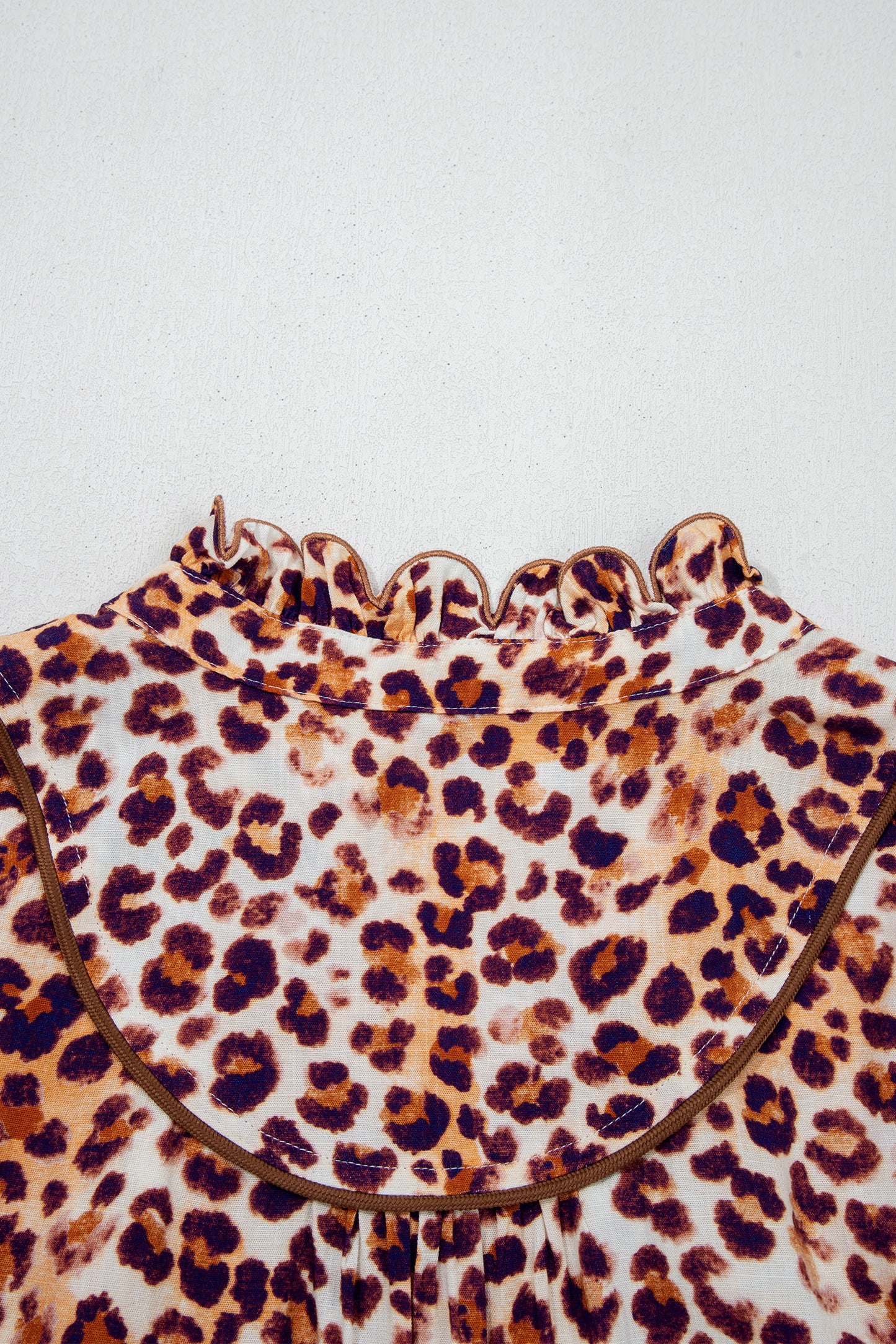 Brown Plus-Size Leopard Frilled Stand Neck Blouse