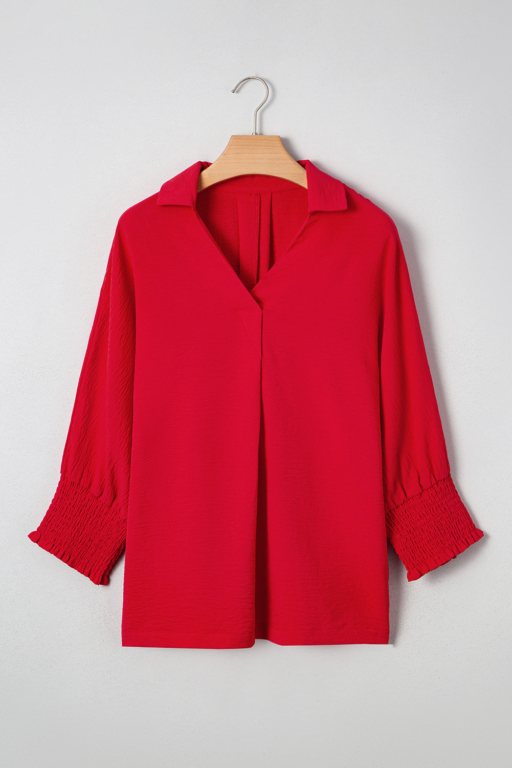 Fiery Red V-Neck Collared Shirred 3/4 Sleeve Oversized Tunic Top
