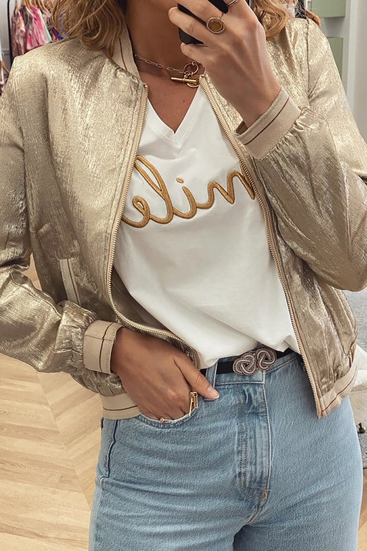 Pale Khaki Metallic Zip-up Baseball Jacket