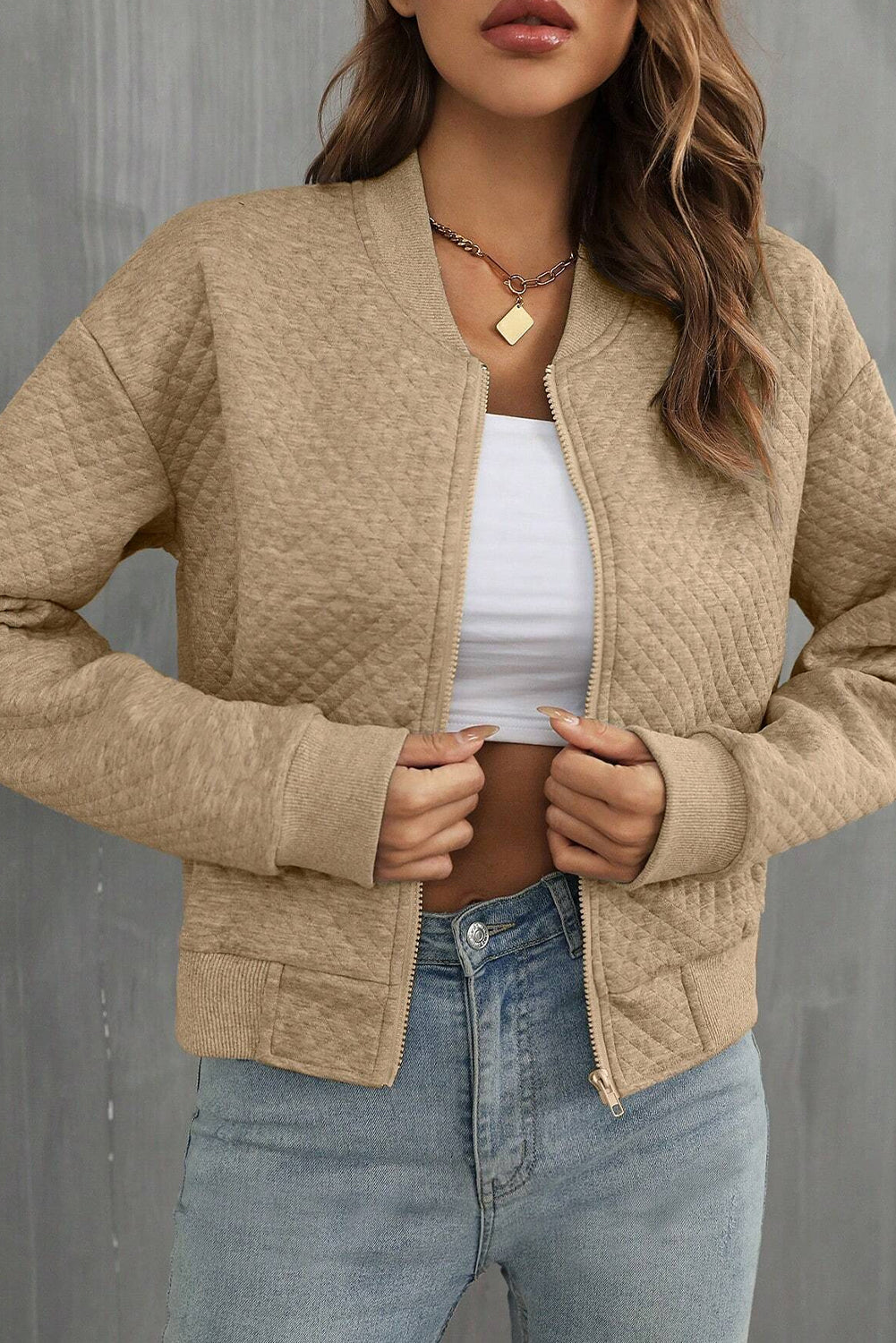 Solid Geometric Textured Baseball Collar Jacket