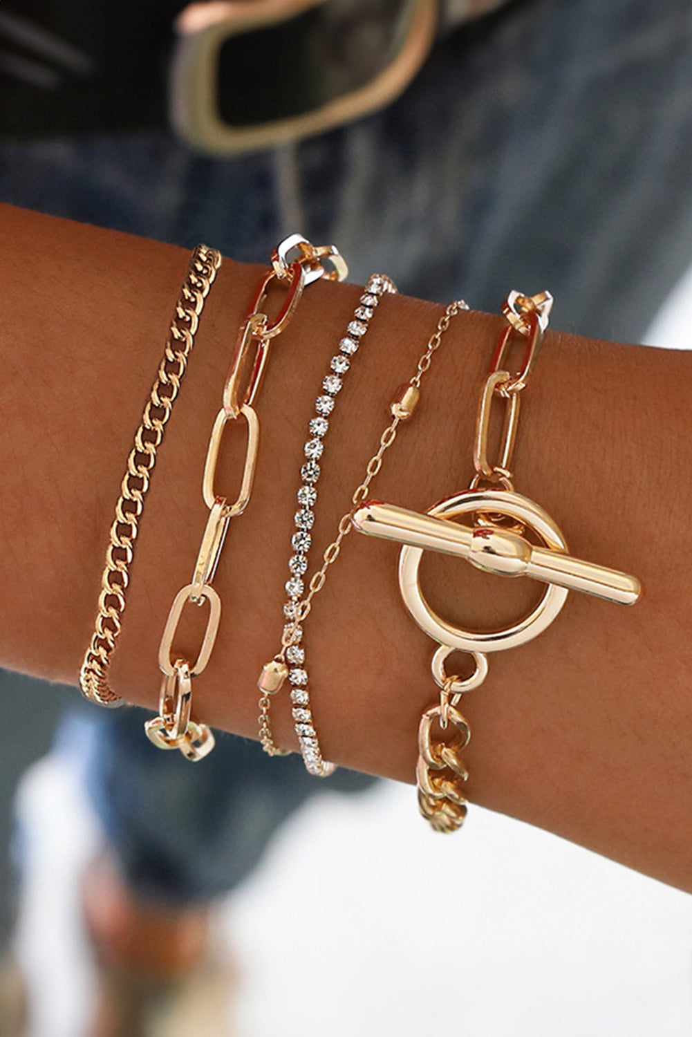 Gold Multi-Layered Rhinestone Plated Chain Bracelet Set