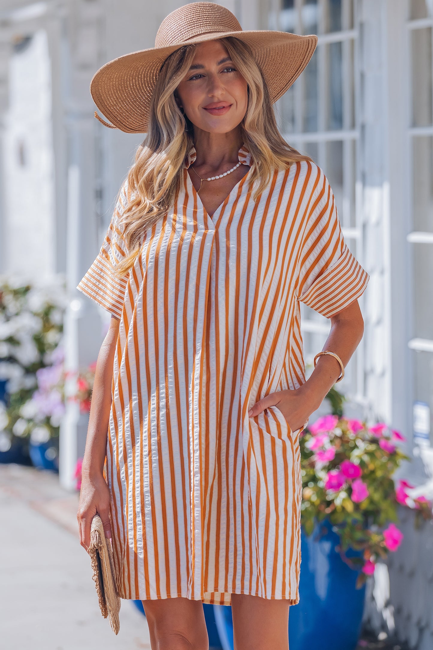 Striped Pinched V-Neck Shift Mini Dress
