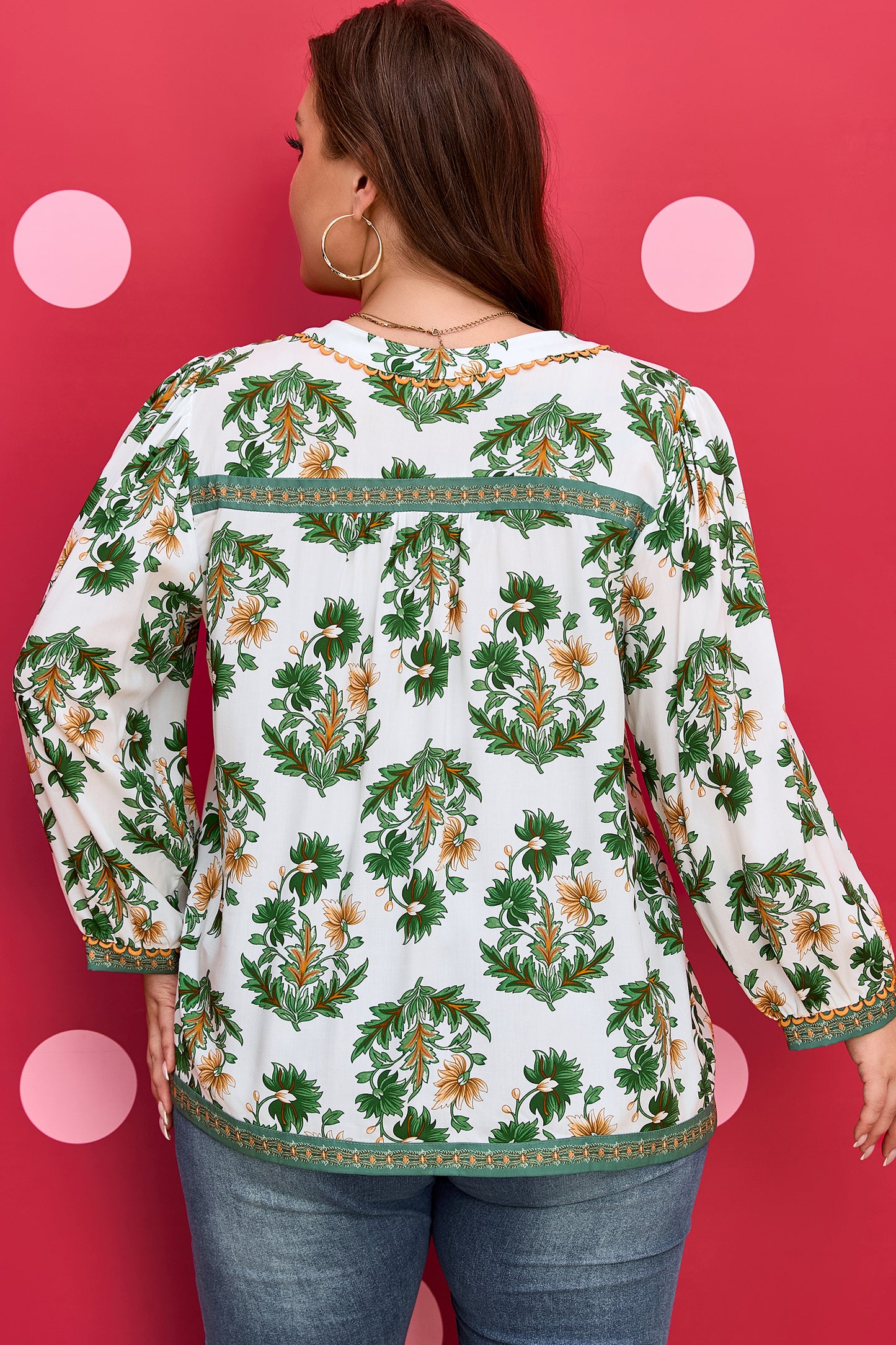 Green Plus-Size Floral Printed Contrast Patchwork Detail Tassel Tie 3/4 Sleeve Blouse