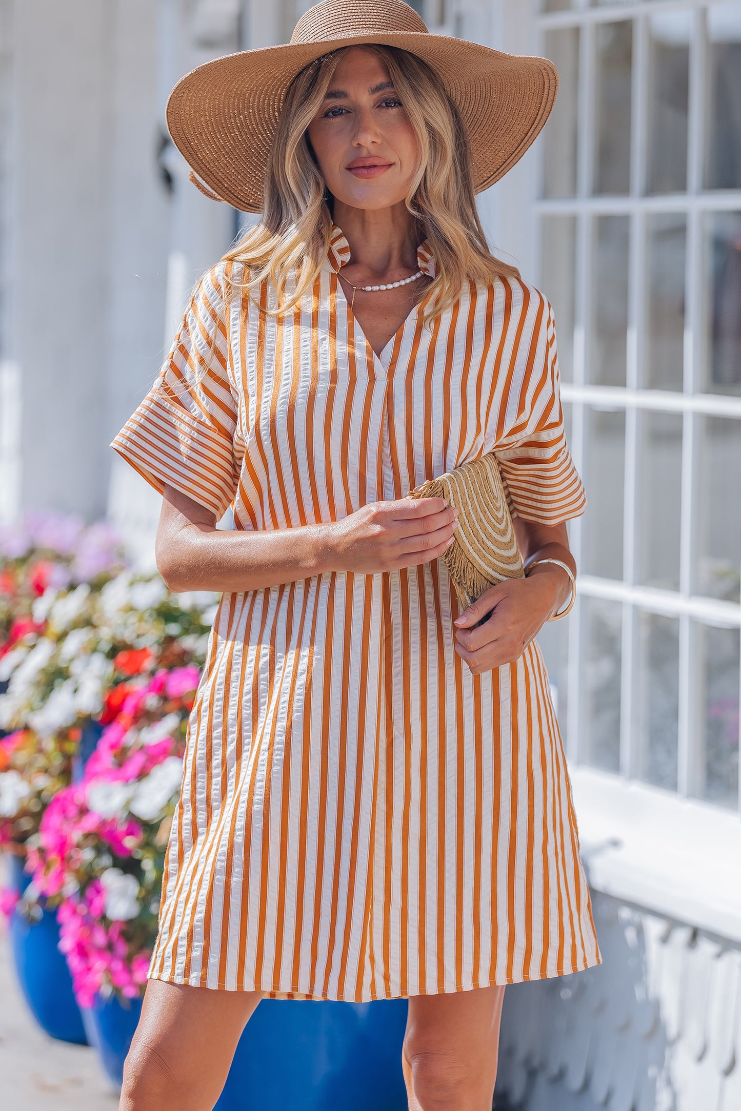 Striped Pinched V-Neck Shift Mini Dress