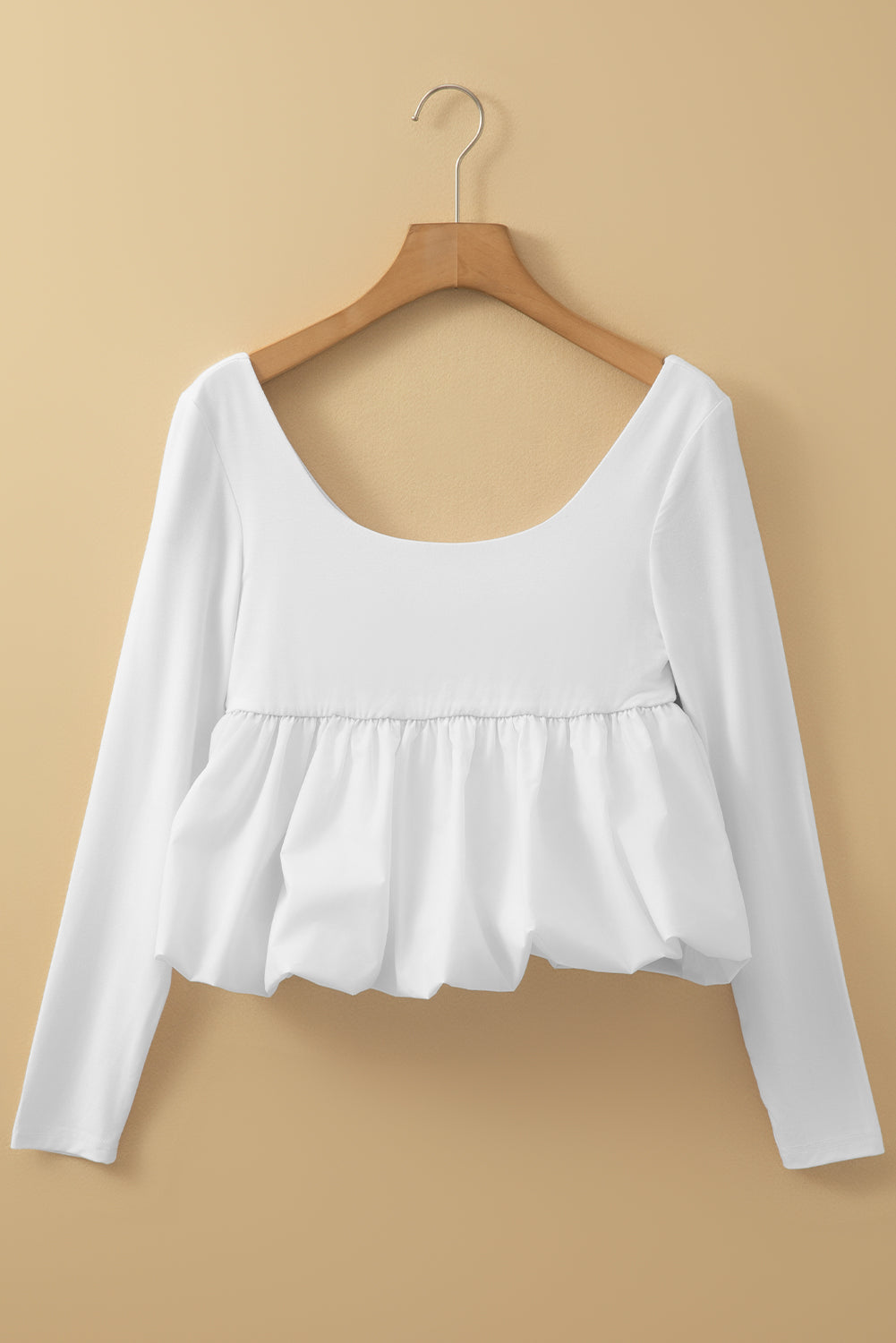 White U-Neck Long Sleeve Bubble Hem Top