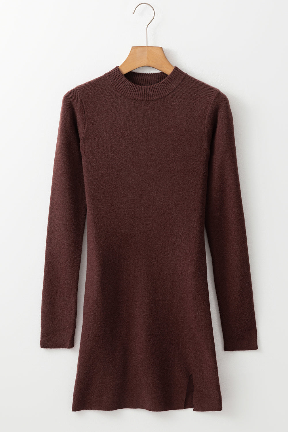 Coffee Slim Fit Mock Neck Side Slit Knitted Dress