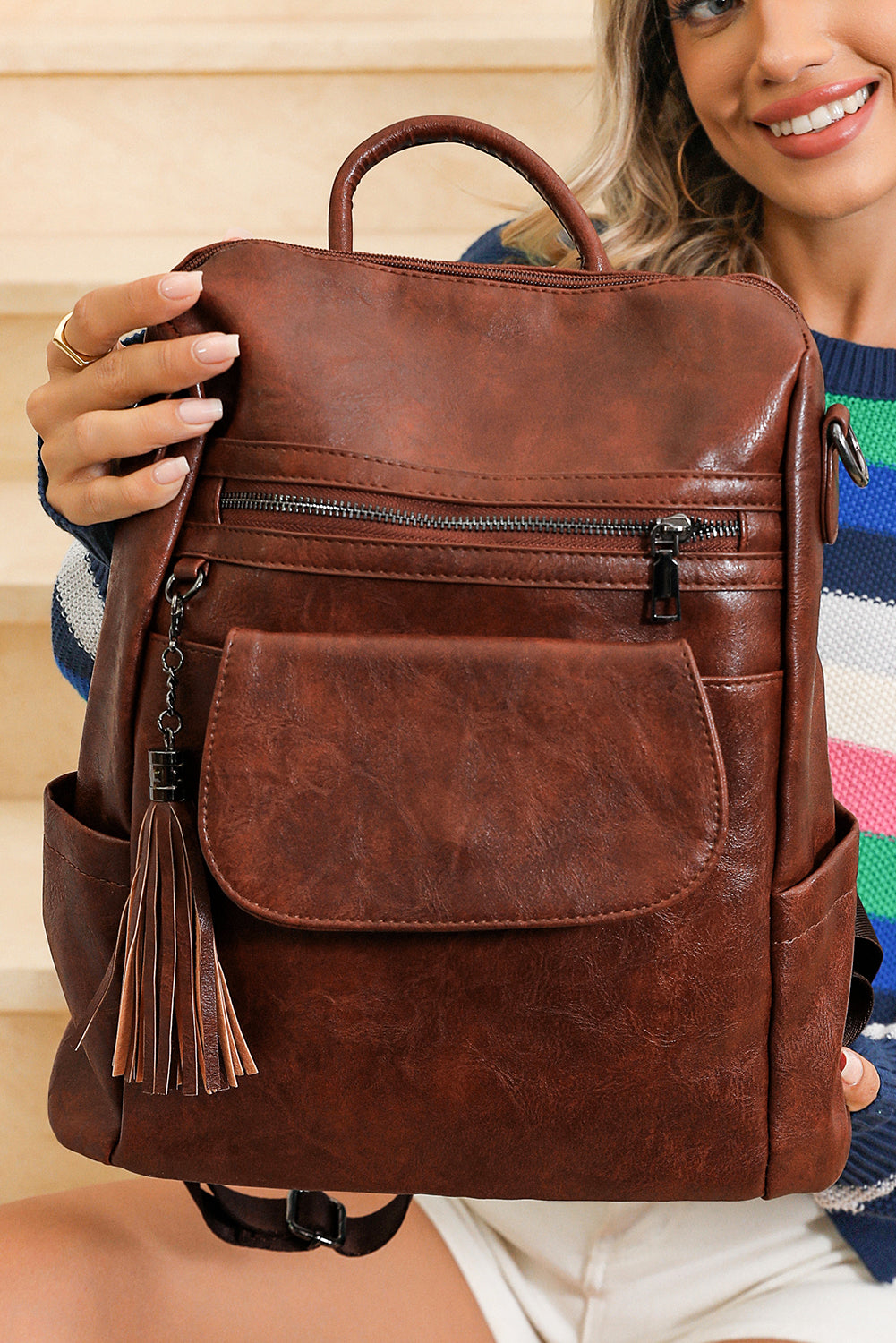 Dark Brown Tassel Decor Retro Faux Leather Backpack