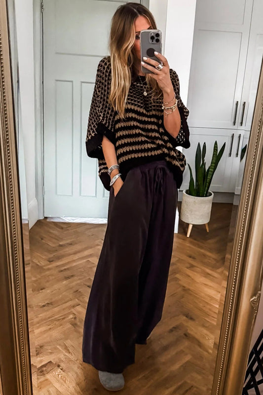 Striped 3/4 Draped Sleeve Slouchy Knitted Top
