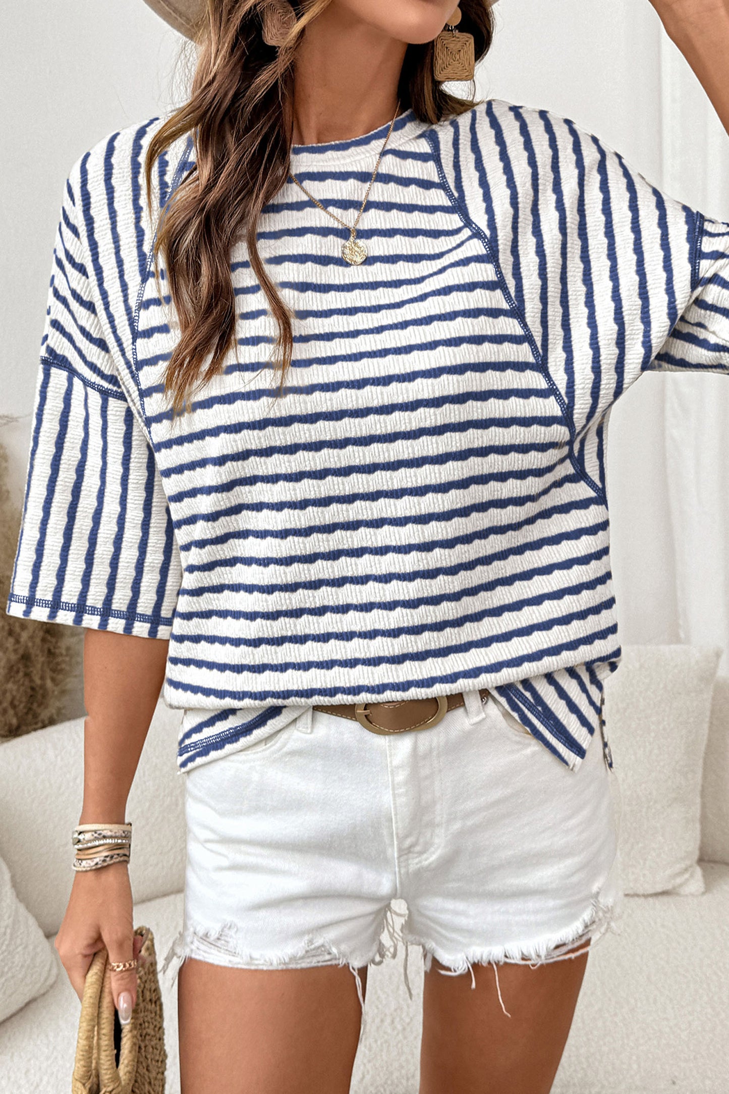 Textured Knit Split-Hem Half Sleeve Loose Top