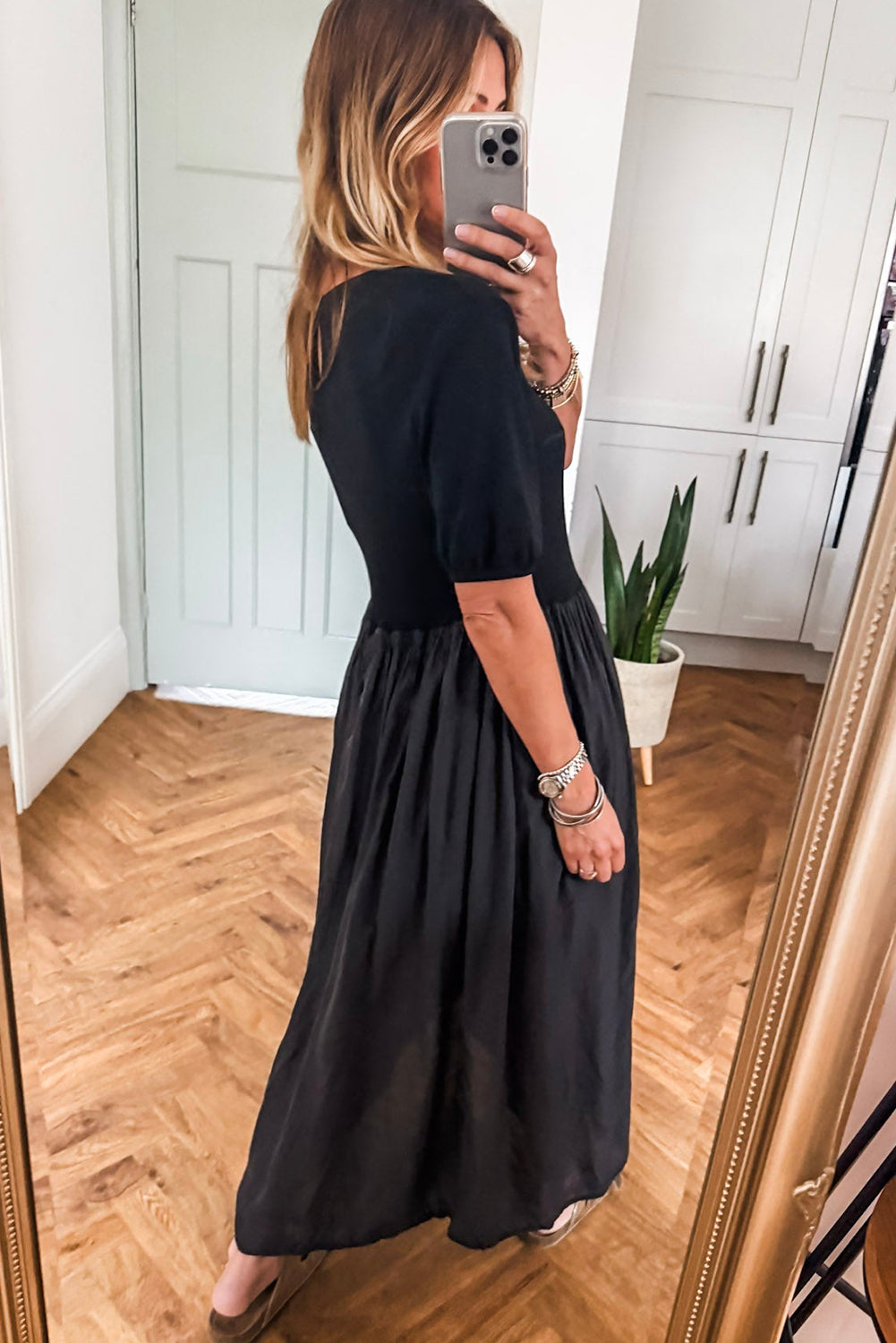 Short Sleeve Knit Top Patchwork Pleated Long Dress