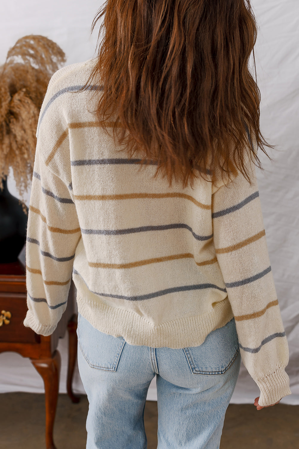 Striped Buttoned Front V-Neck Drop Shoulder Cardigan