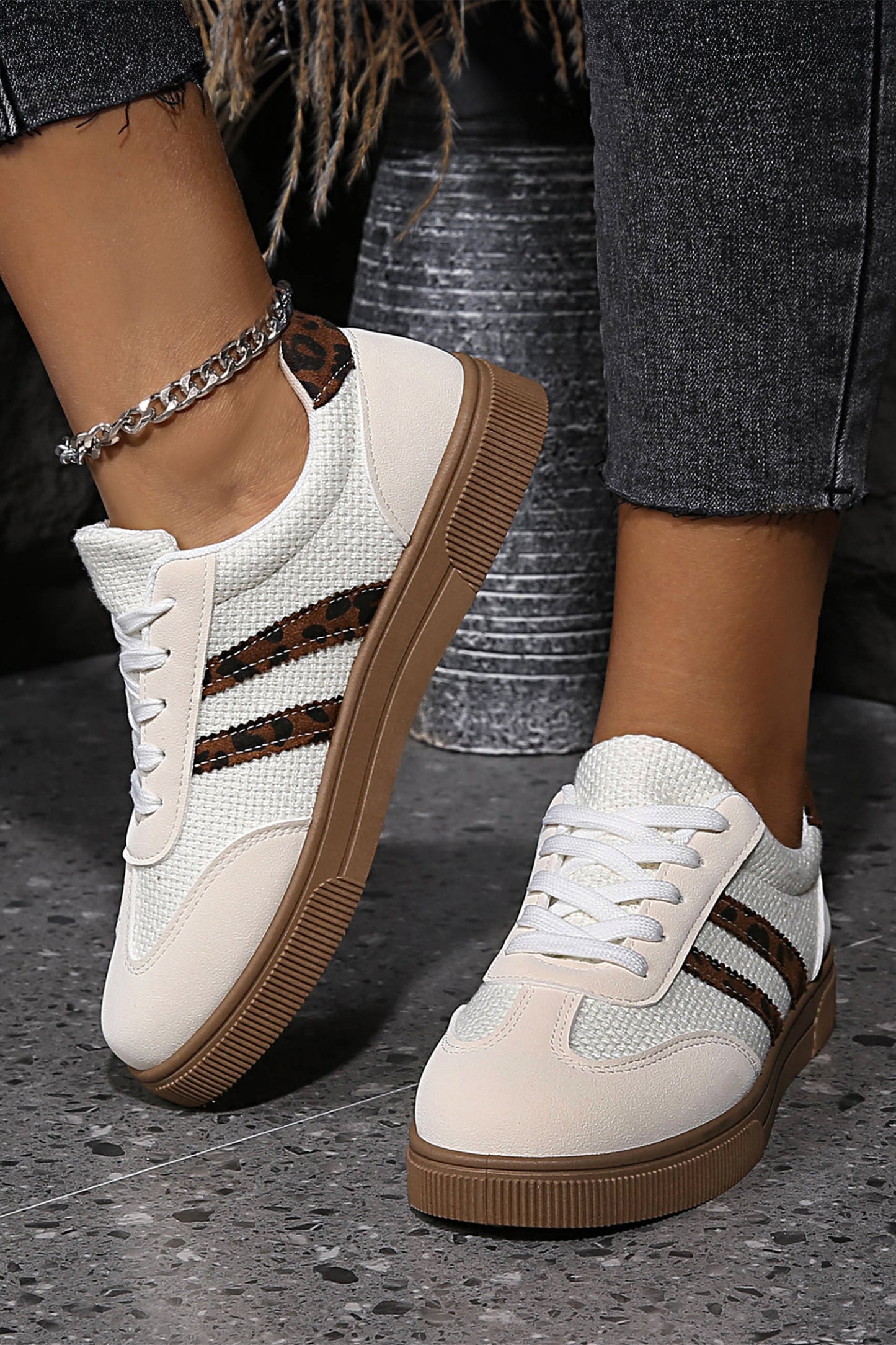White Textured Woven Faux Leather Leopard Patchwork Flat Sneakers