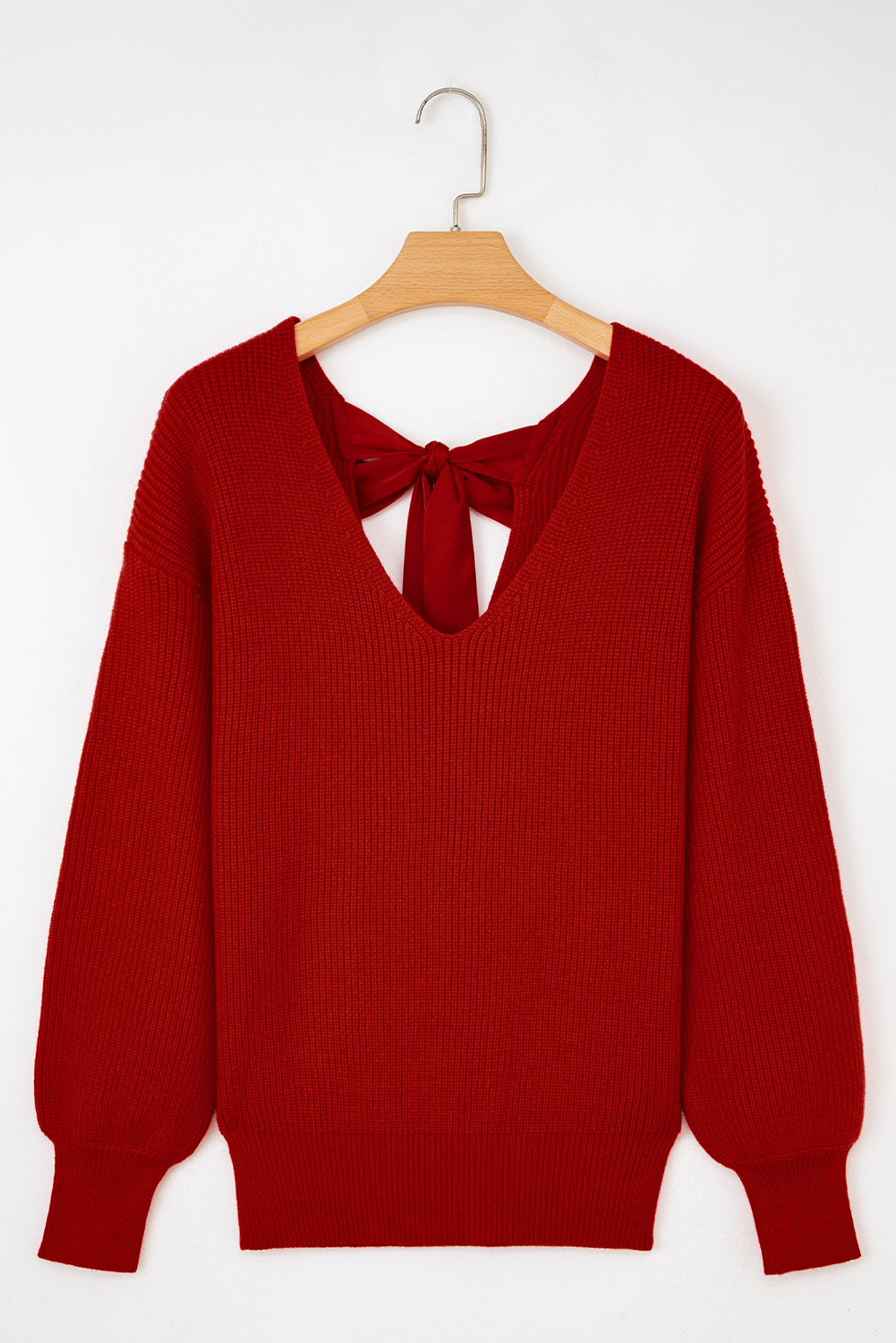 Lantern Sleeve V-Neck Knot Back Knitted Top