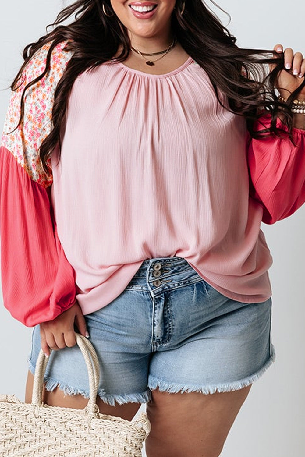 Pink Contrast Floral Patchwork Long Sleeve Plus-Size Blouse