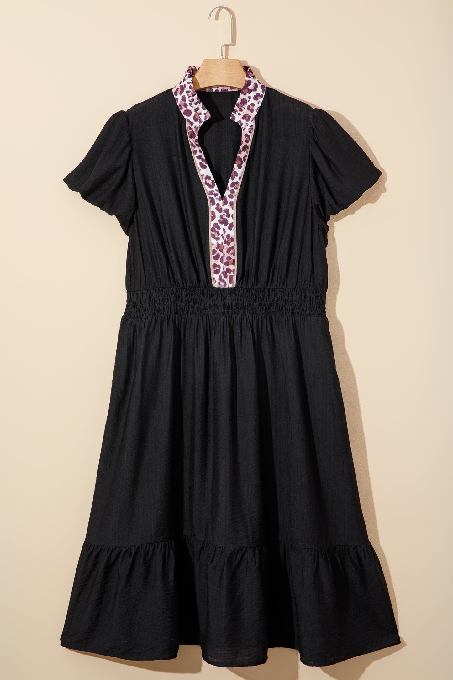 Black Leopard V-Neck Patchwork Smocked Waist Plus-Size Ruffled Dress