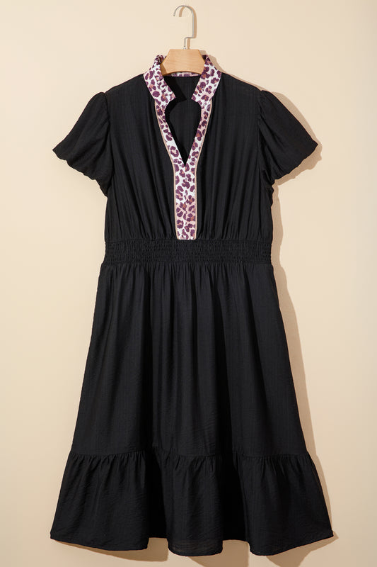 Black Leopard V-Neck Patchwork Smocked Waist Plus-Size Ruffled Dress