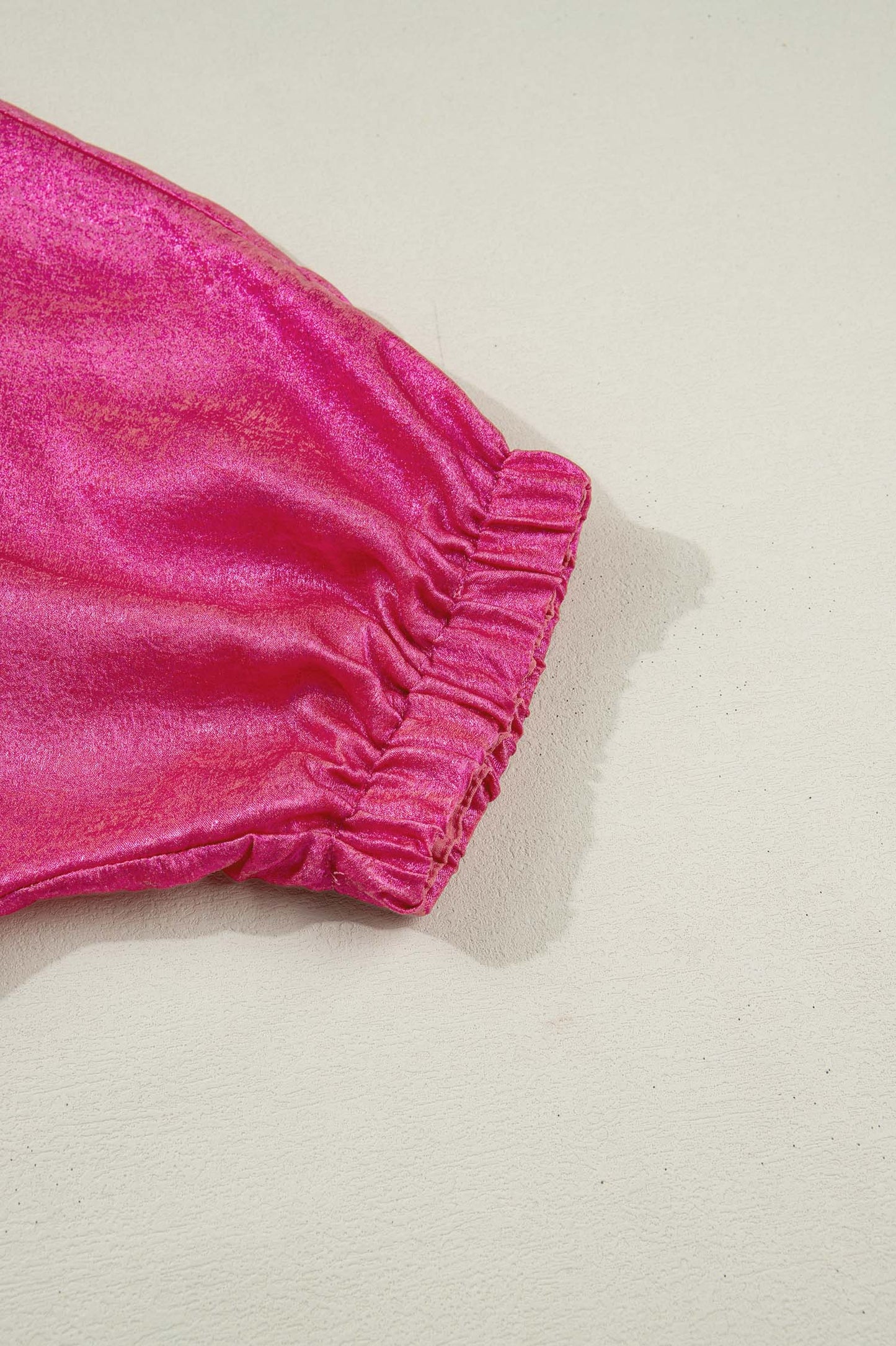 Strawberry Pink Collared V-Neck Half Sleeve Metallic Top