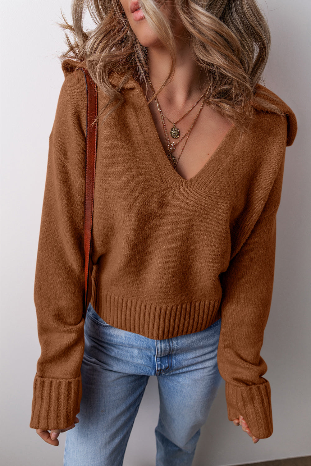 Collared V-Neck Ribbed Edge Sexy Elegant Sweater