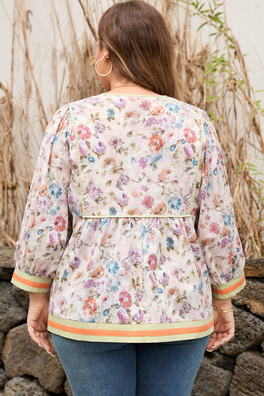 Floral Print Contrast Trim Striped Detail Babydoll Plus-Size Blouse